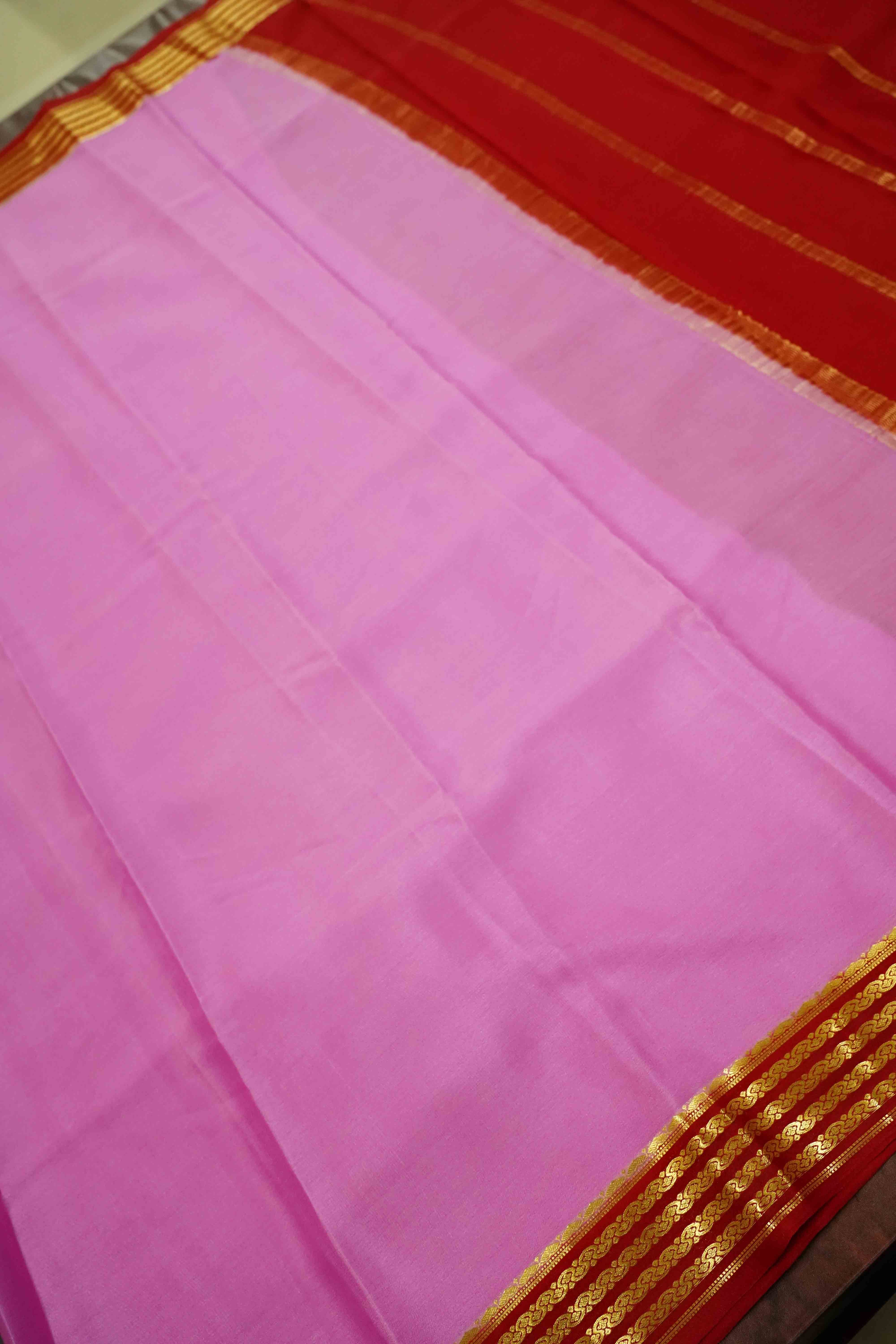ROSE MILK PINK WITH CHERRY RED MYSORE SILK SAREE - Queens Jewel Emporium