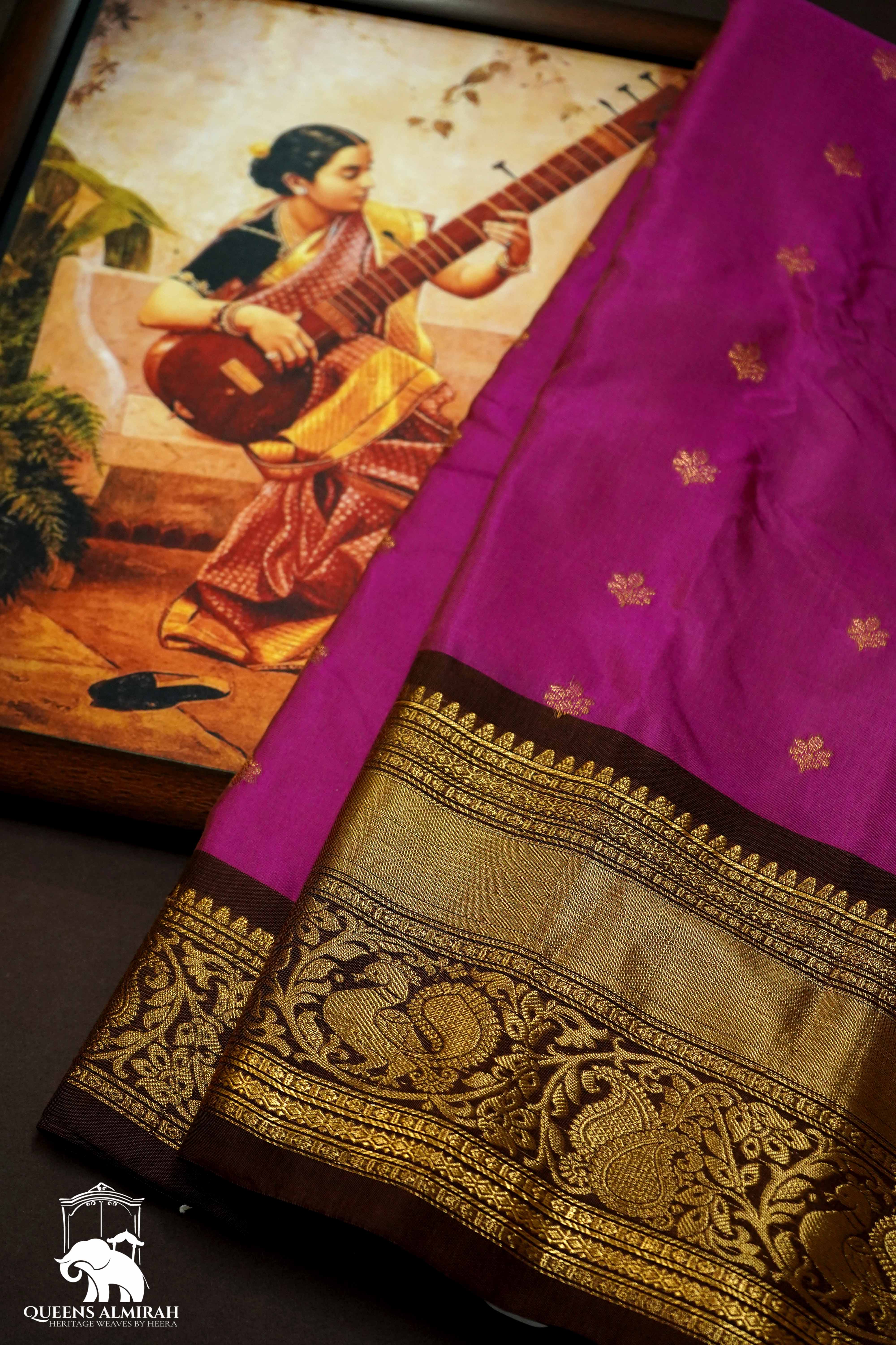 ROSE PINK WITH COFFE BROWN MANGALGIRI GADWAL SAREE - Queens Jewel Emporium