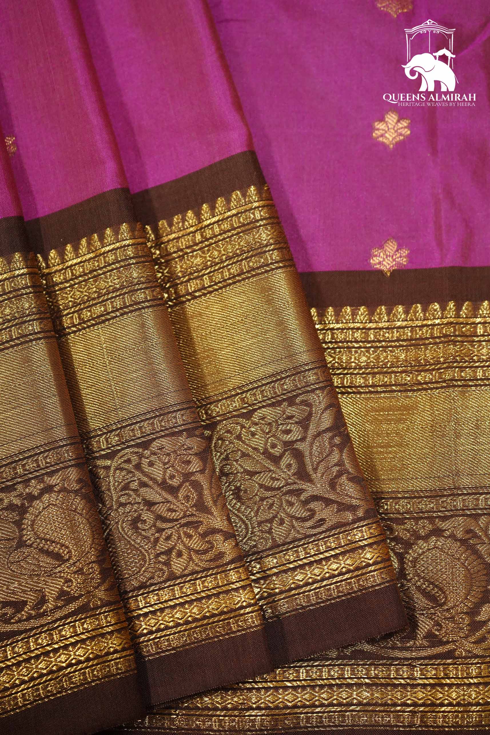 ROSE PINK WITH COFFE BROWN MANGALGIRI GADWAL SAREE - Queens Jewel Emporium