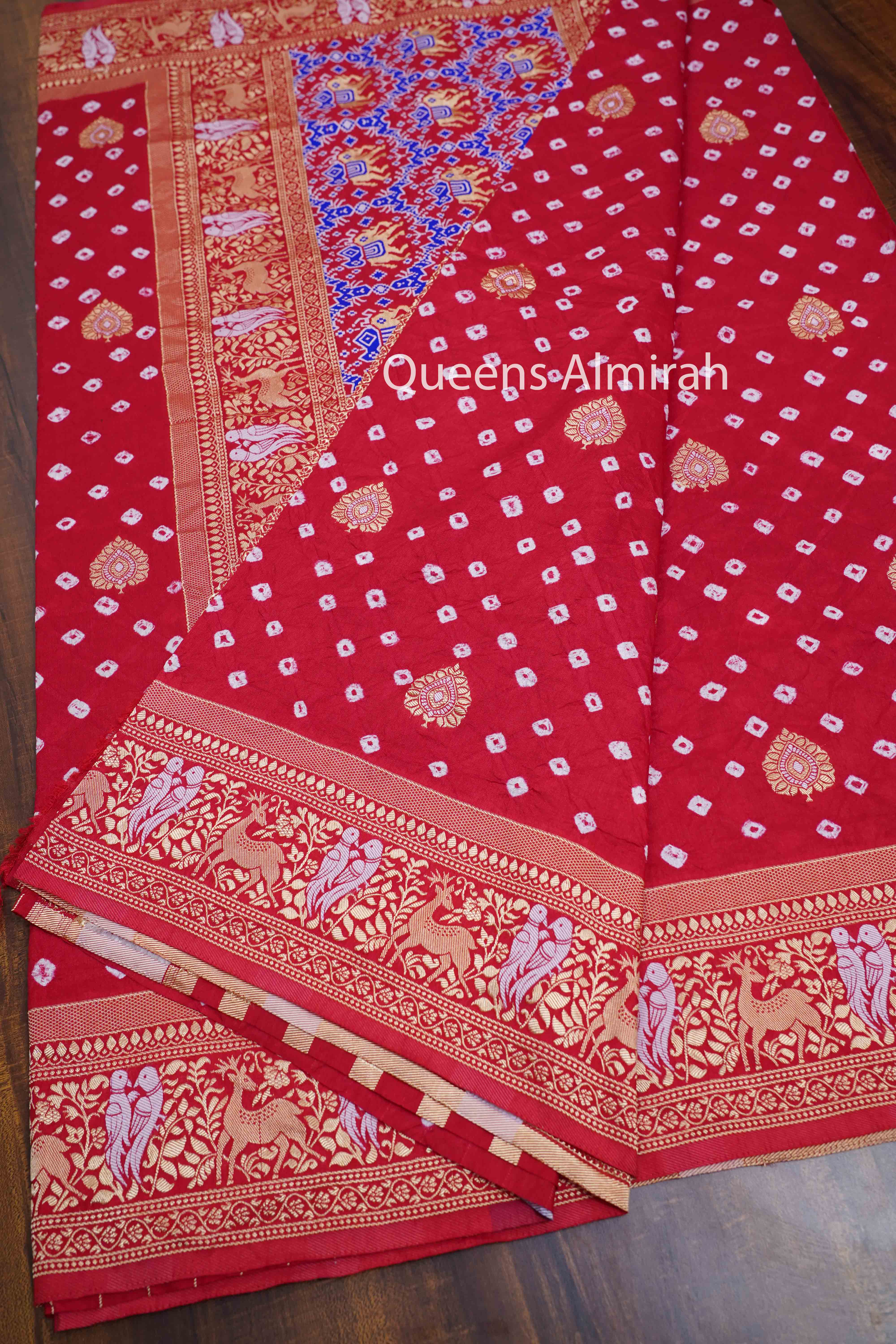 ROSE RED BANDHINI MALAI SILK SAREE - Queens Jewel Emporium