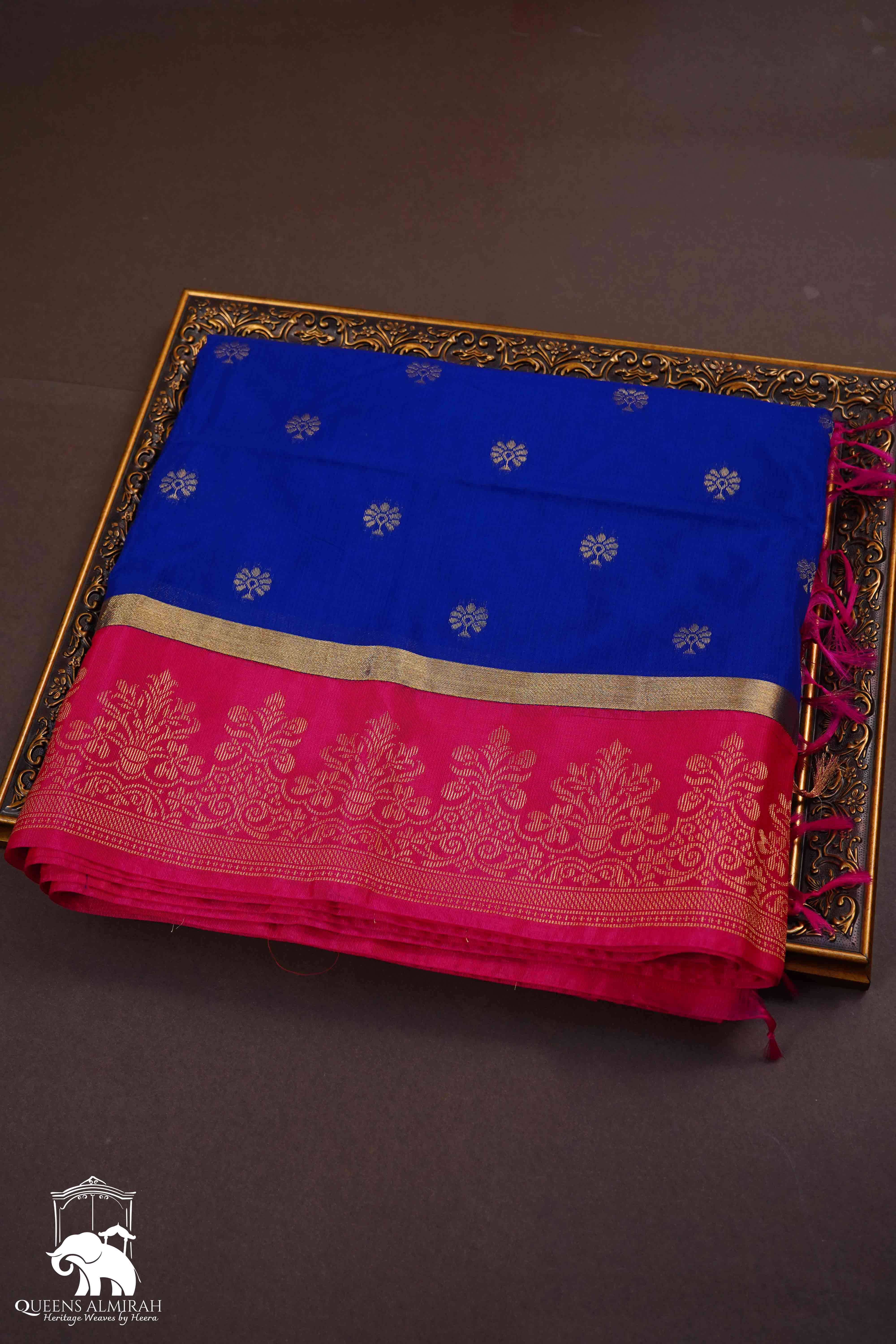 ROYAL BLUE WITH DARK PINK PURE SILK COTTON SAREE - Queens Jewel Emporium