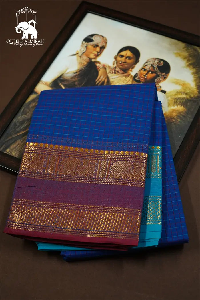ROYAL BLUE WITH MUTED PURPLE KANCHI COTTON SAREE - Queens Jewel Emporium
