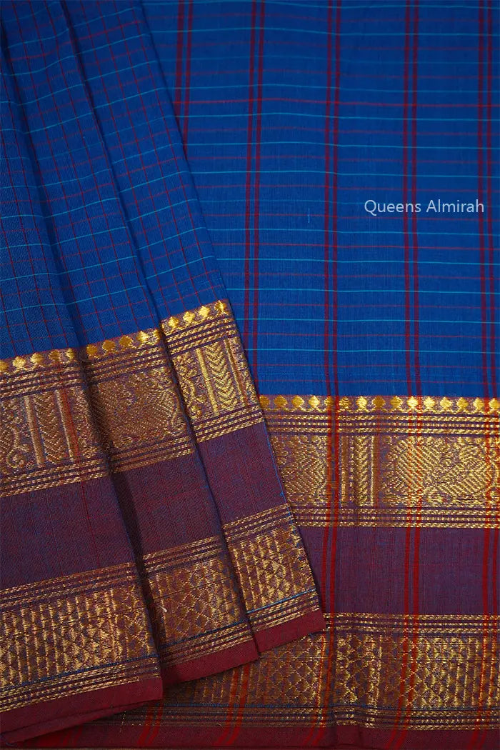 ROYAL BLUE WITH MUTED PURPLE KANCHI COTTON SAREE - Queens Jewel Emporium