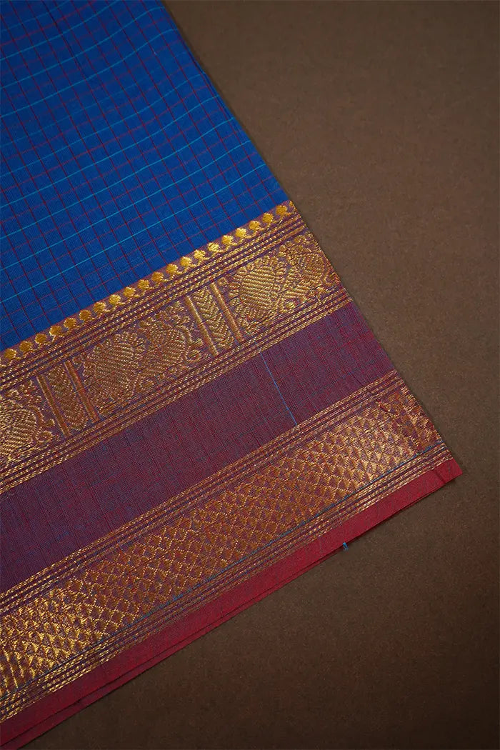 ROYAL BLUE WITH MUTED PURPLE KANCHI COTTON SAREE - Queens Jewel Emporium