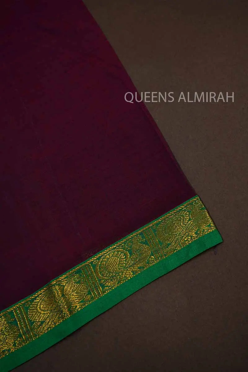 ROYAL BURGUNDY LONG MULTI COLOUR ZARI BORDER NARAYANPET COTTON SAREE - Queens Jewel Emporium