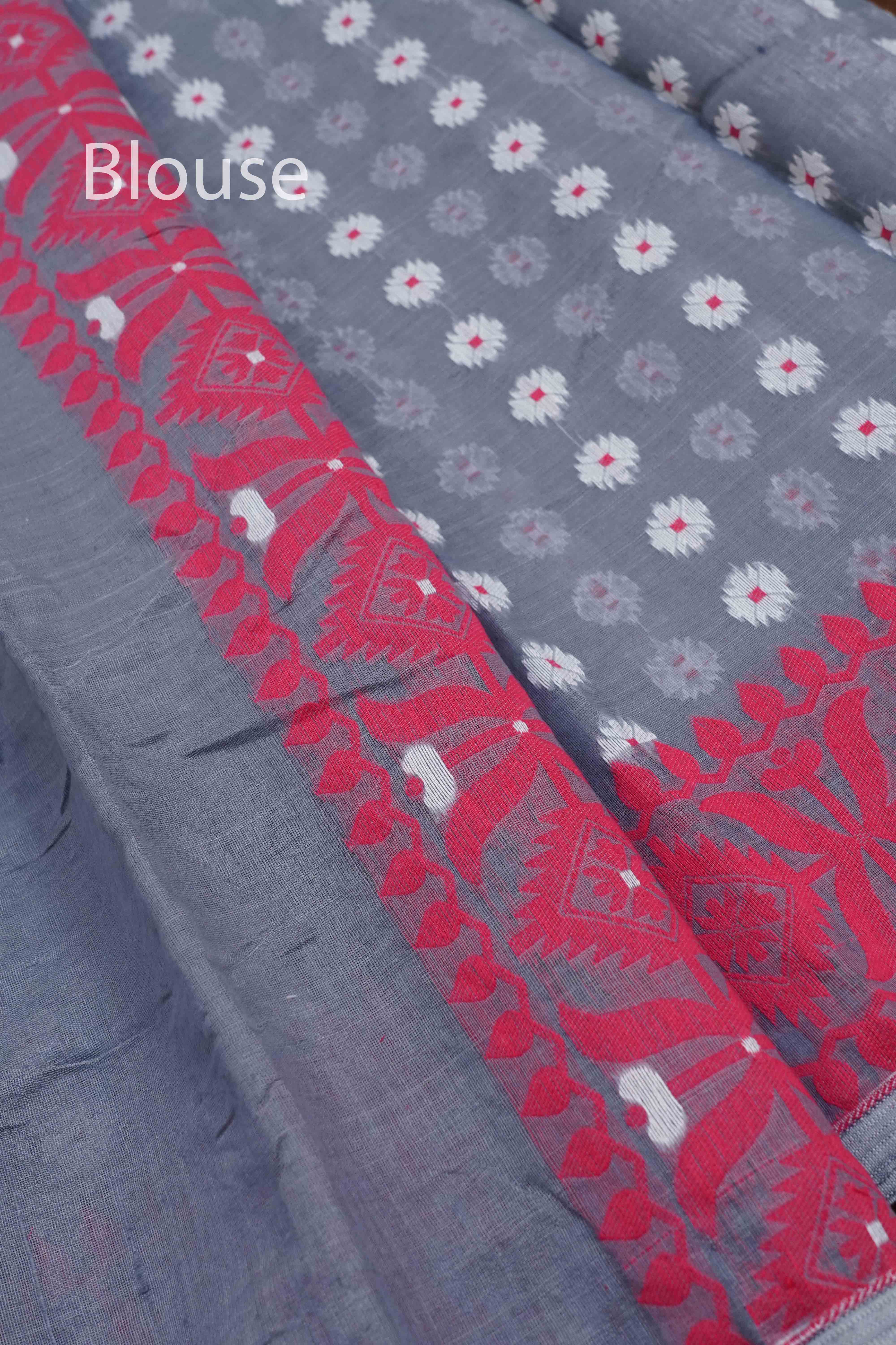 ROYAL HEATH WITH ASH GREY JAMDANI COTTON SAREE - Queens Jewel Emporium