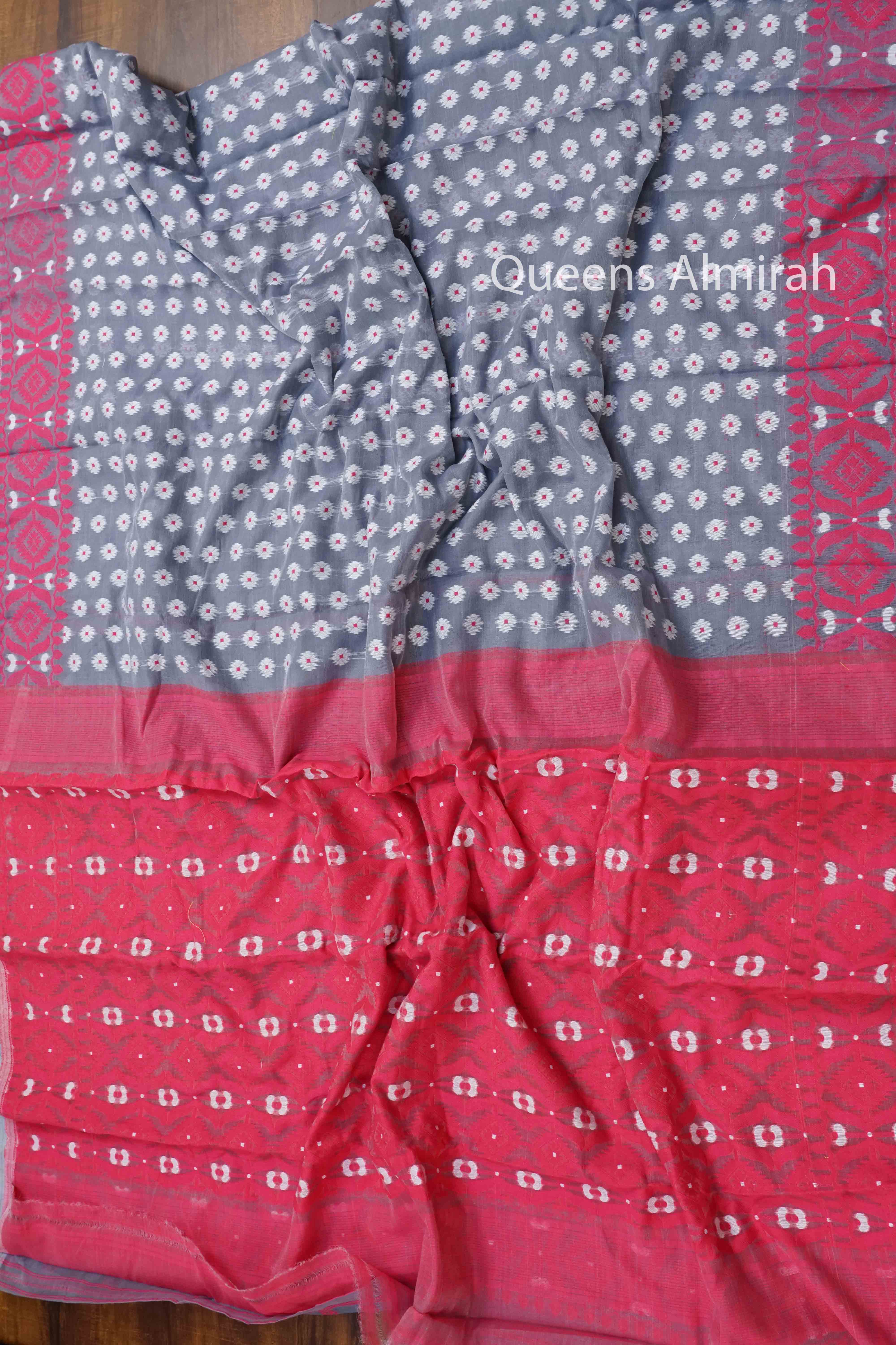 ROYAL HEATH WITH ASH GREY JAMDANI COTTON SAREE - Queens Jewel Emporium