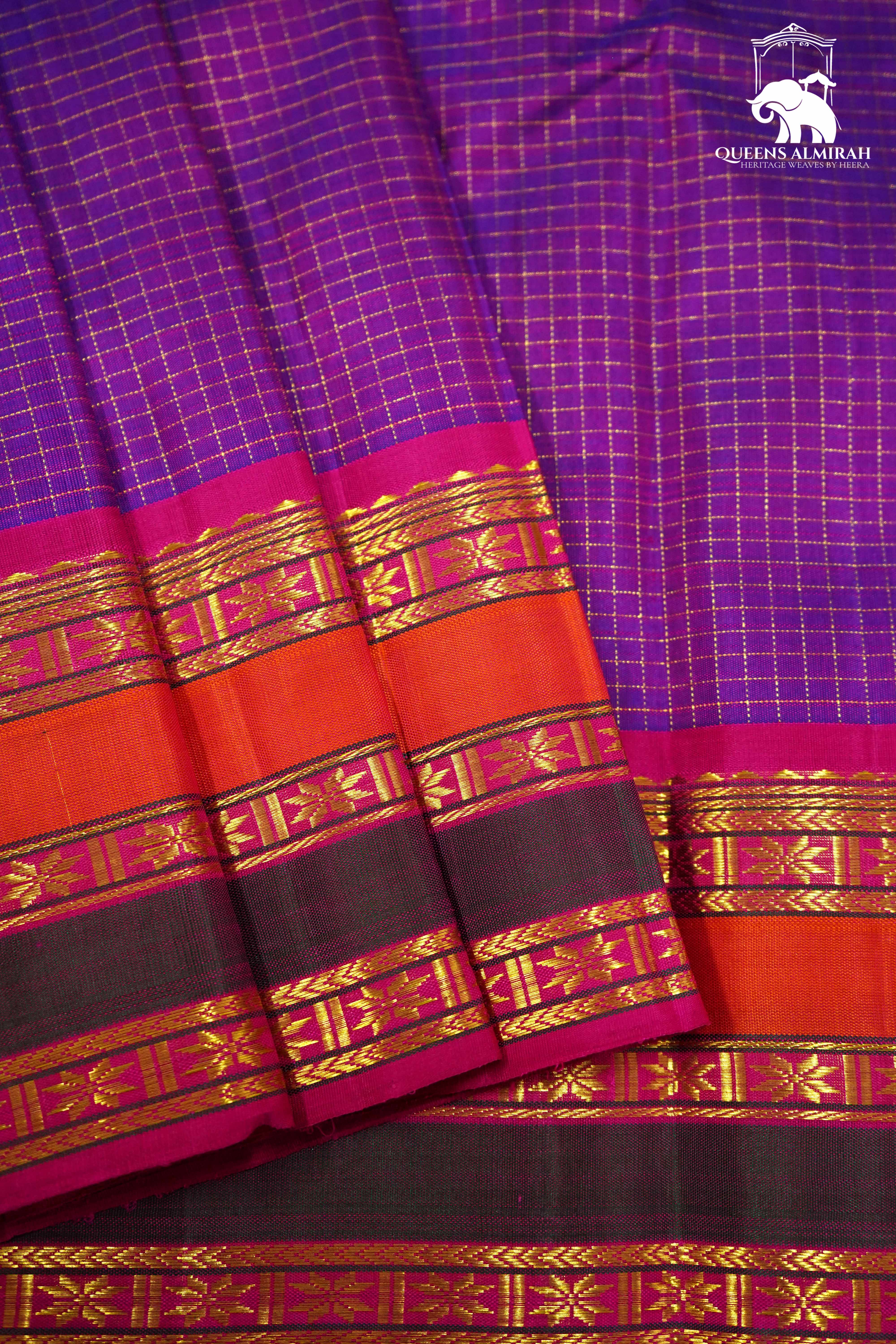 ROYAL PURPLE WITH MULTICOLOR KANCHIVARAM SILK SAREE - Queens Jewel Emporium