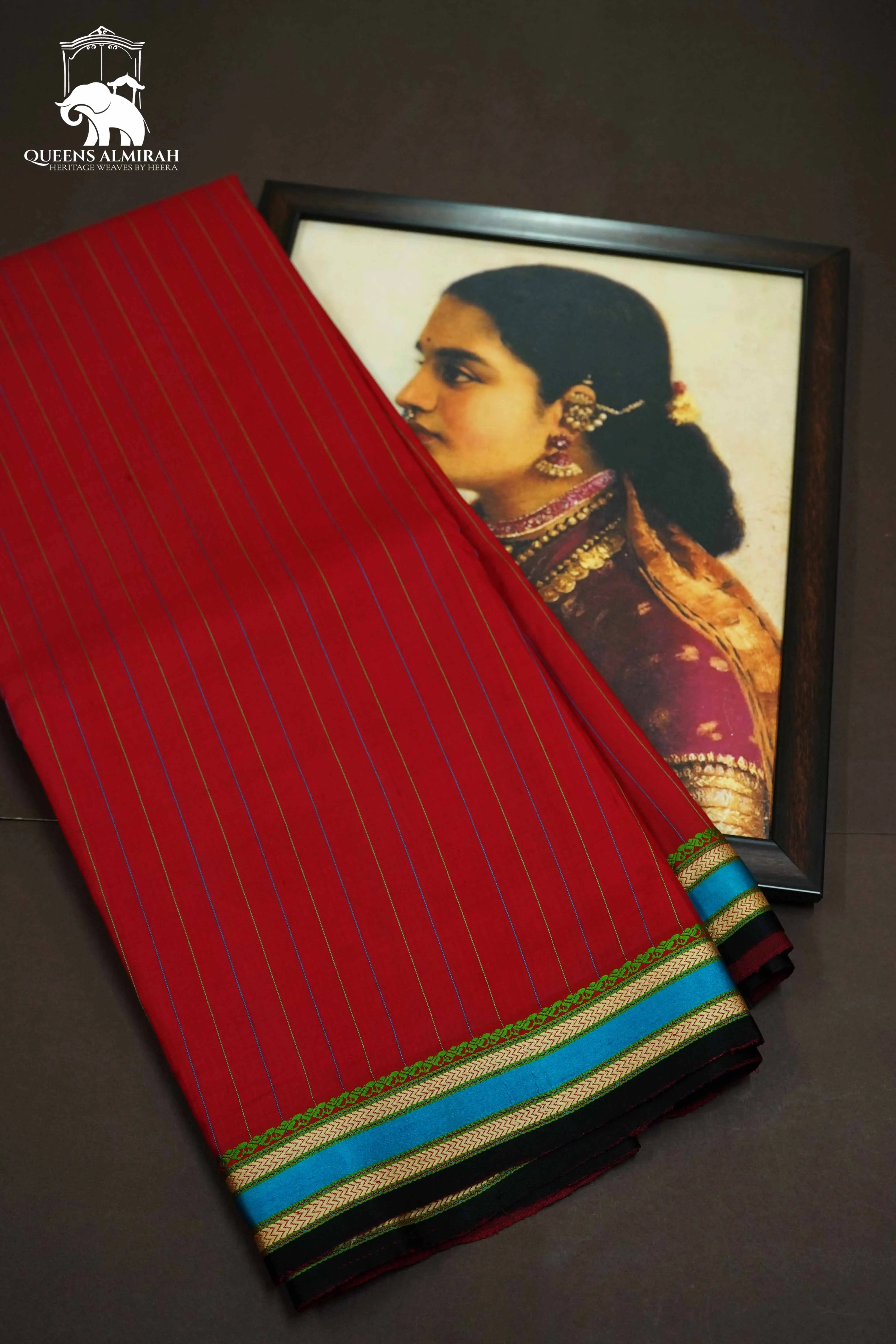 RUBY RED WITH MULTICOLOR BORDER MULBERRY SILK SAREE - Queens Jewel Emporium