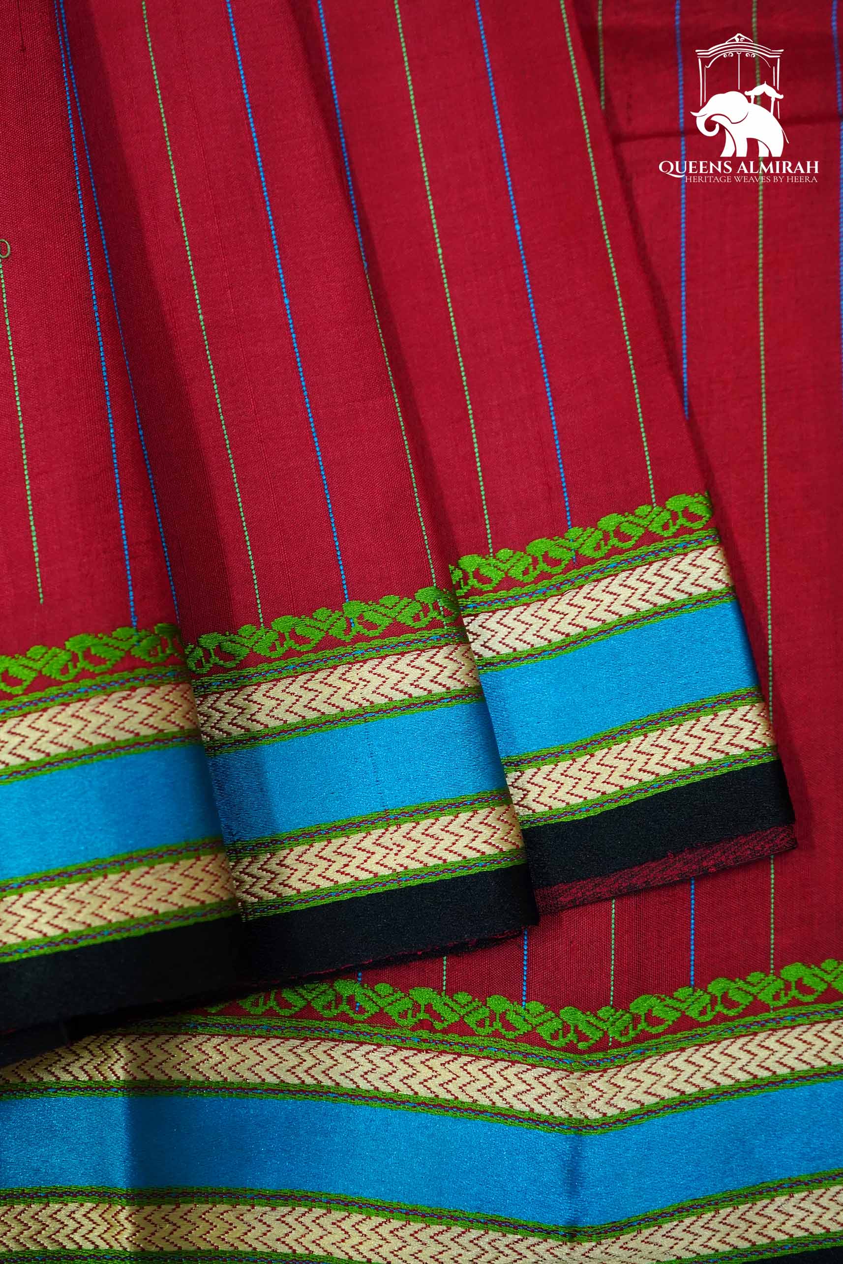 RUBY RED WITH MULTICOLOR BORDER MULBERRY SILK SAREE - Queens Jewel Emporium