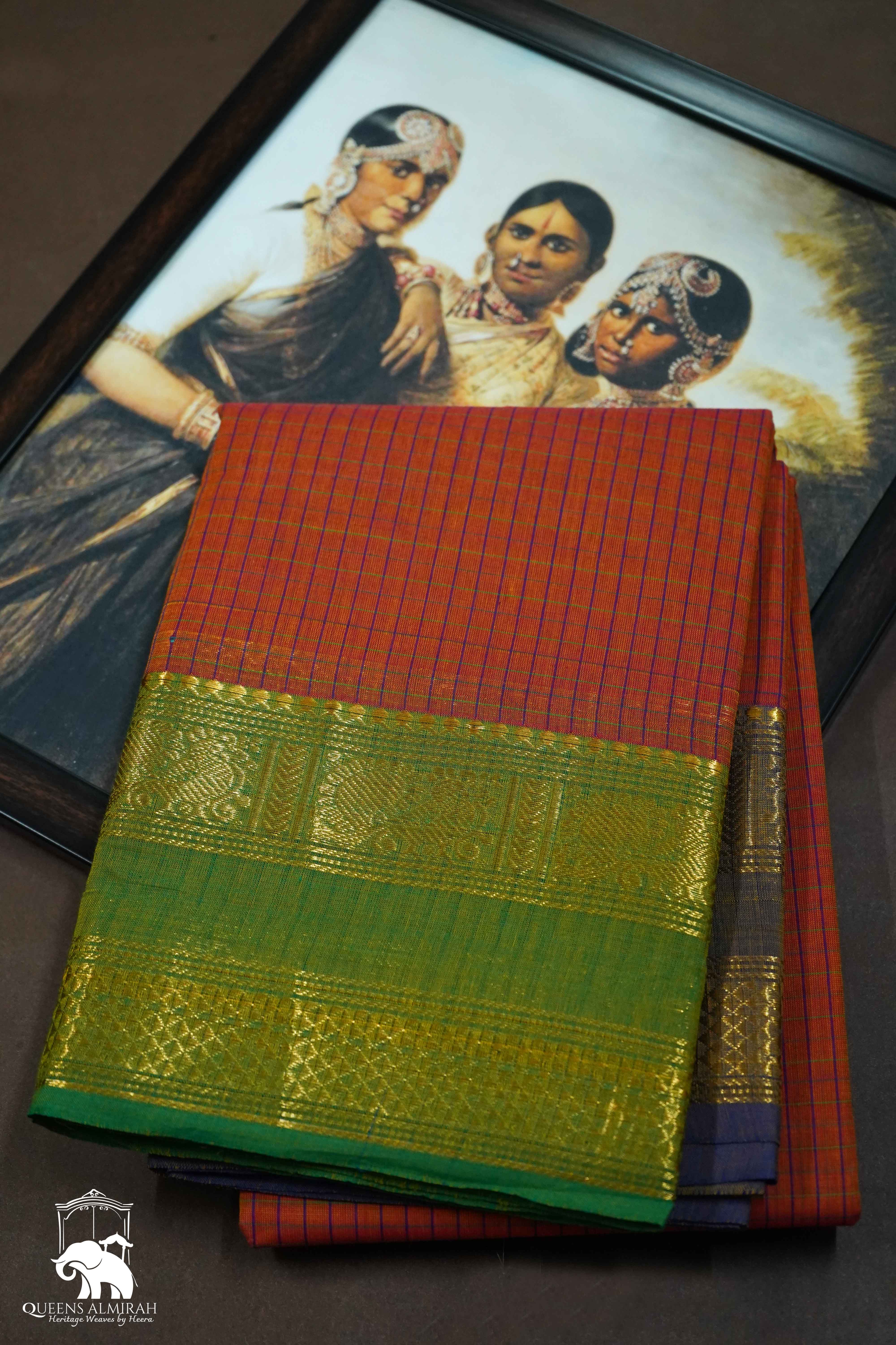 RUST ORANGE WITH MUDDY GREEN KANCHI COTTON SAREE - Queens Jewel Emporium