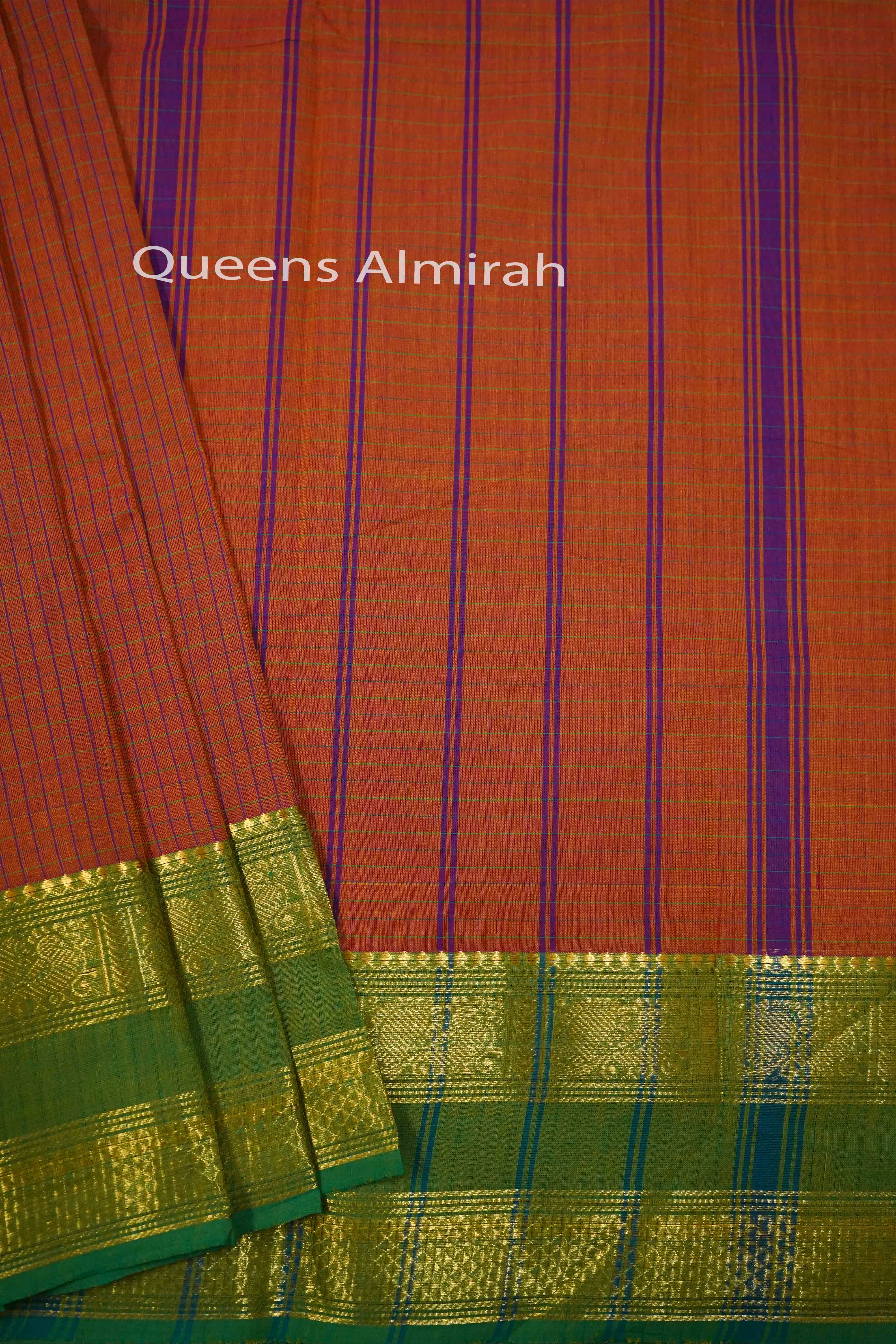 RUST ORANGE WITH MUDDY GREEN KANCHI COTTON SAREE - Queens Jewel Emporium