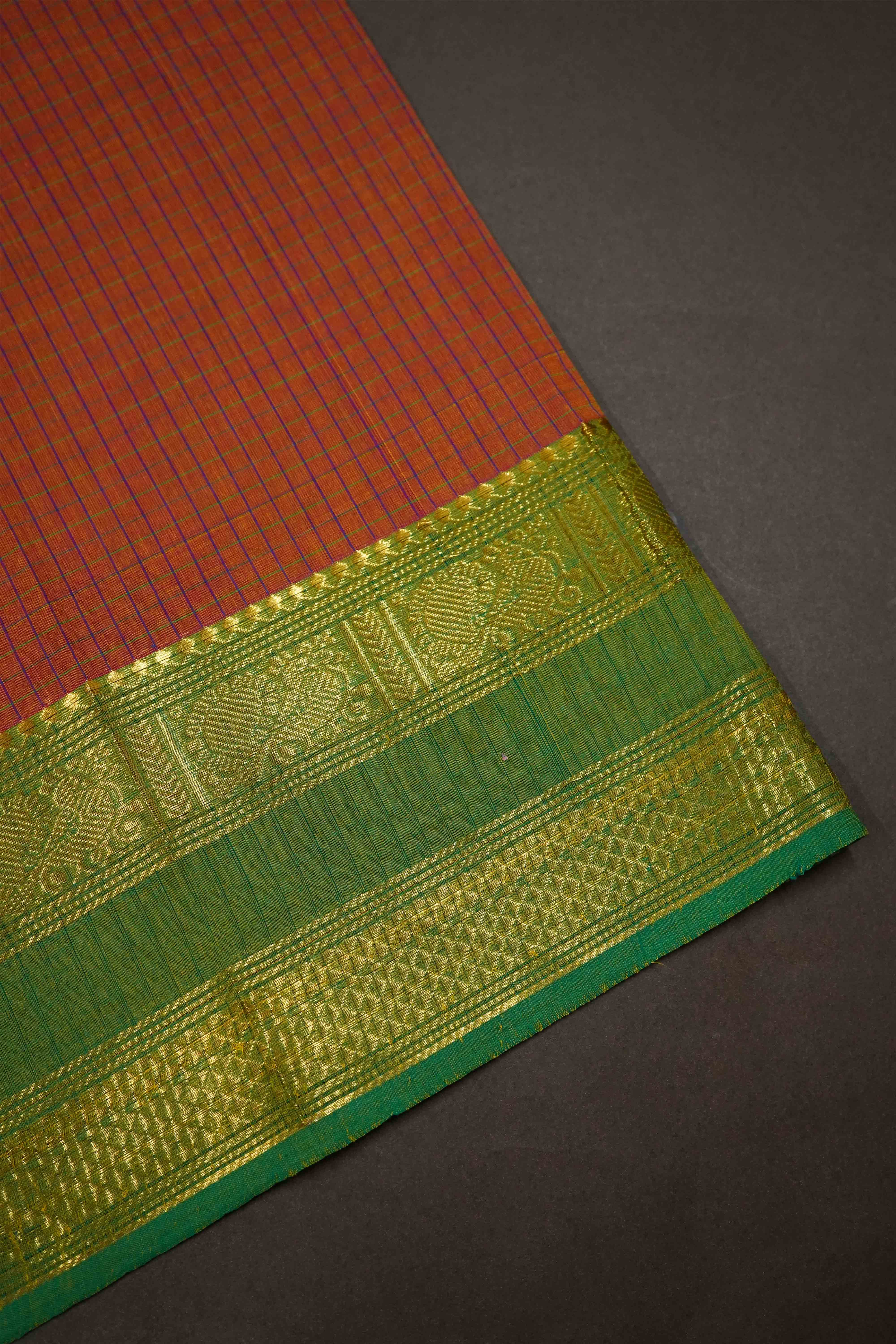 RUST ORANGE WITH MUDDY GREEN KANCHI COTTON SAREE - Queens Jewel Emporium