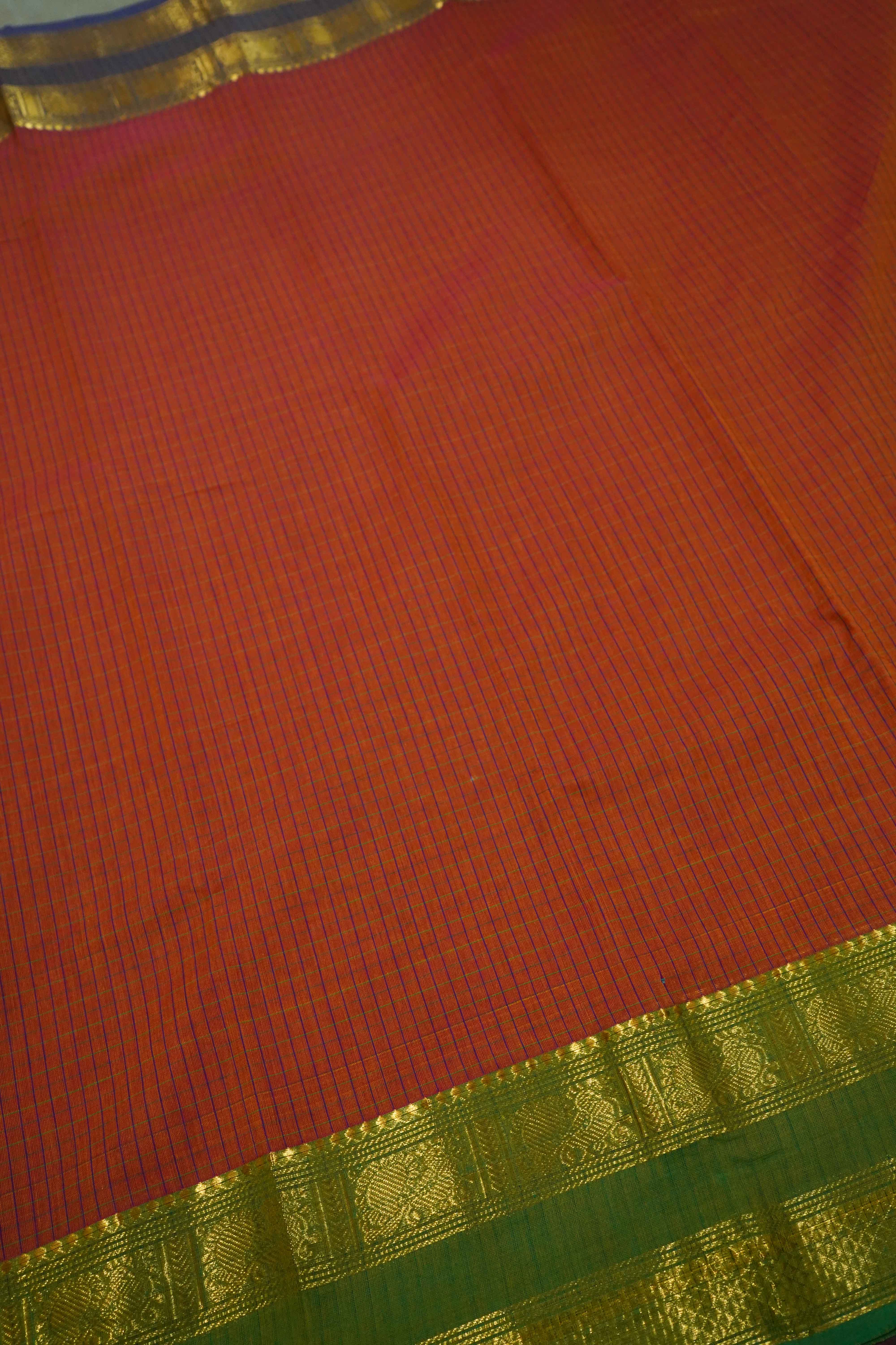 RUST ORANGE WITH MUDDY GREEN KANCHI COTTON SAREE - Queens Jewel Emporium