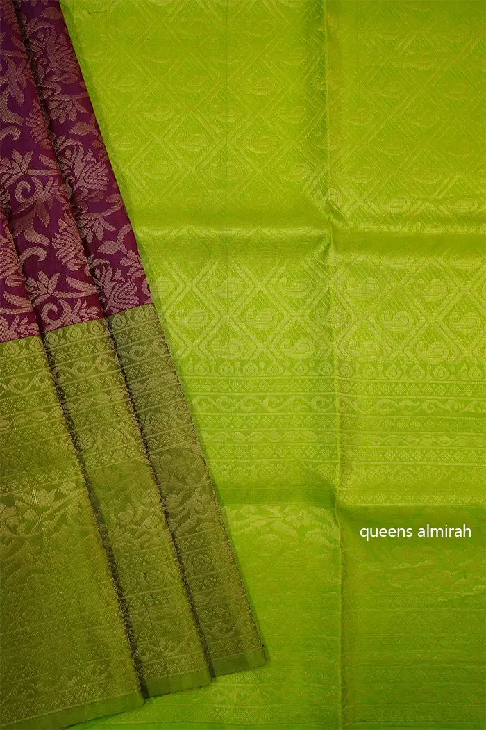 RAISIN WITH LEAF GREEN SOFT SILK SAREE - Queens Jewel Emporium