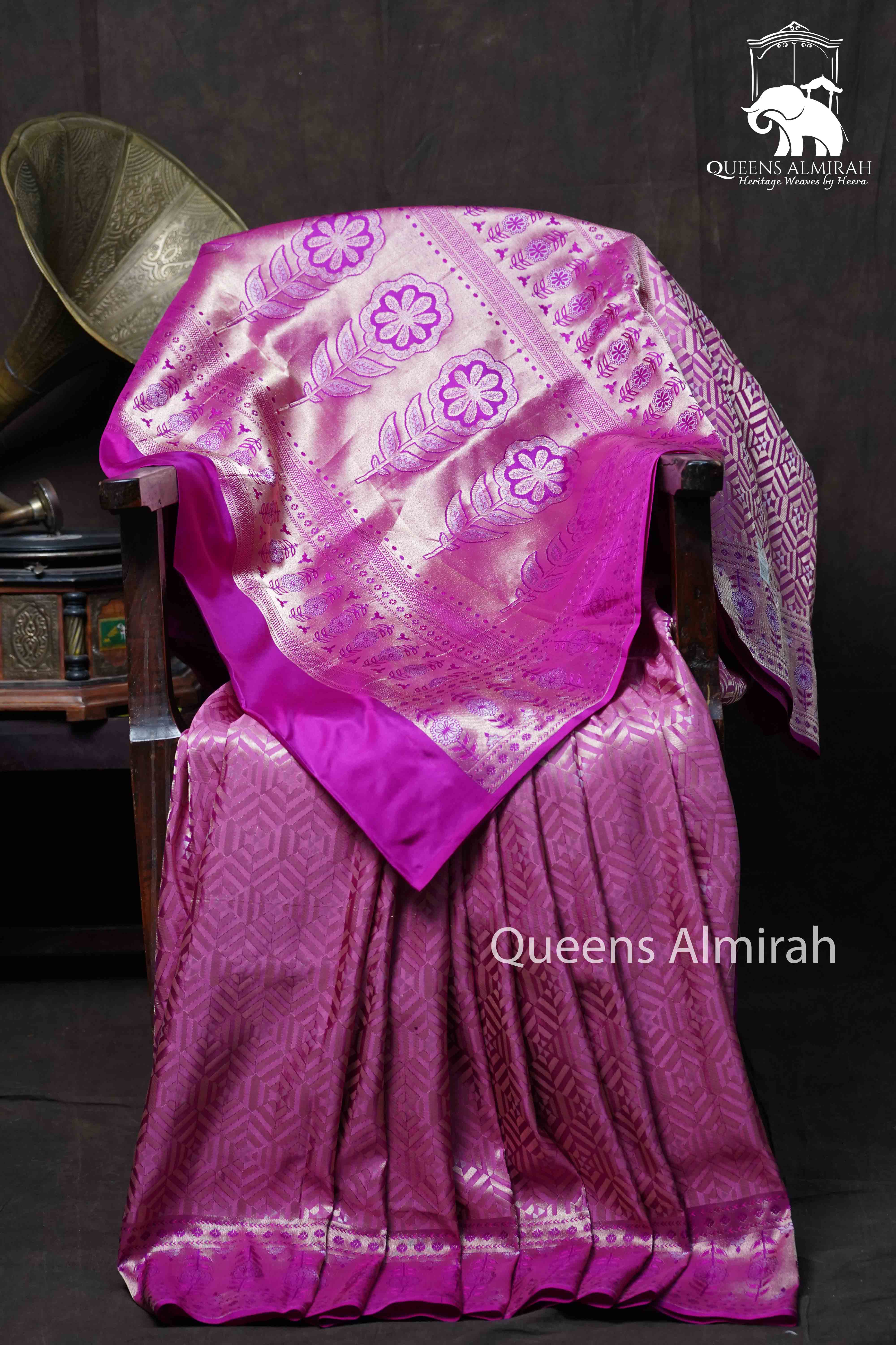 Raspberry Pink With Woven Border Banarasi Silk Saree - Queens Jewel Emporium
