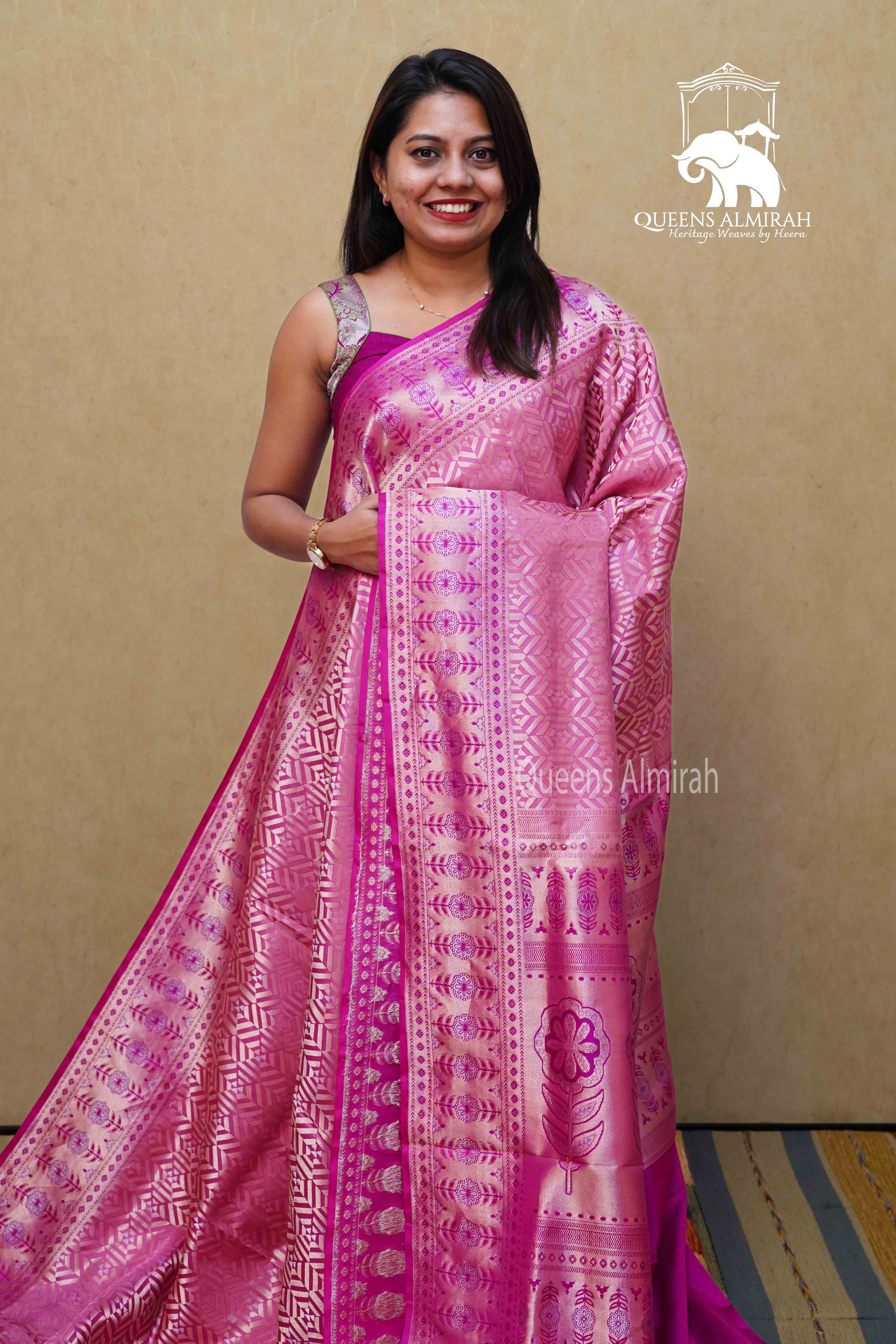 RASPBERRY PINK WITH WOVEN BORDER BANARASI SILK SAREE - Queens Jewel Emporium