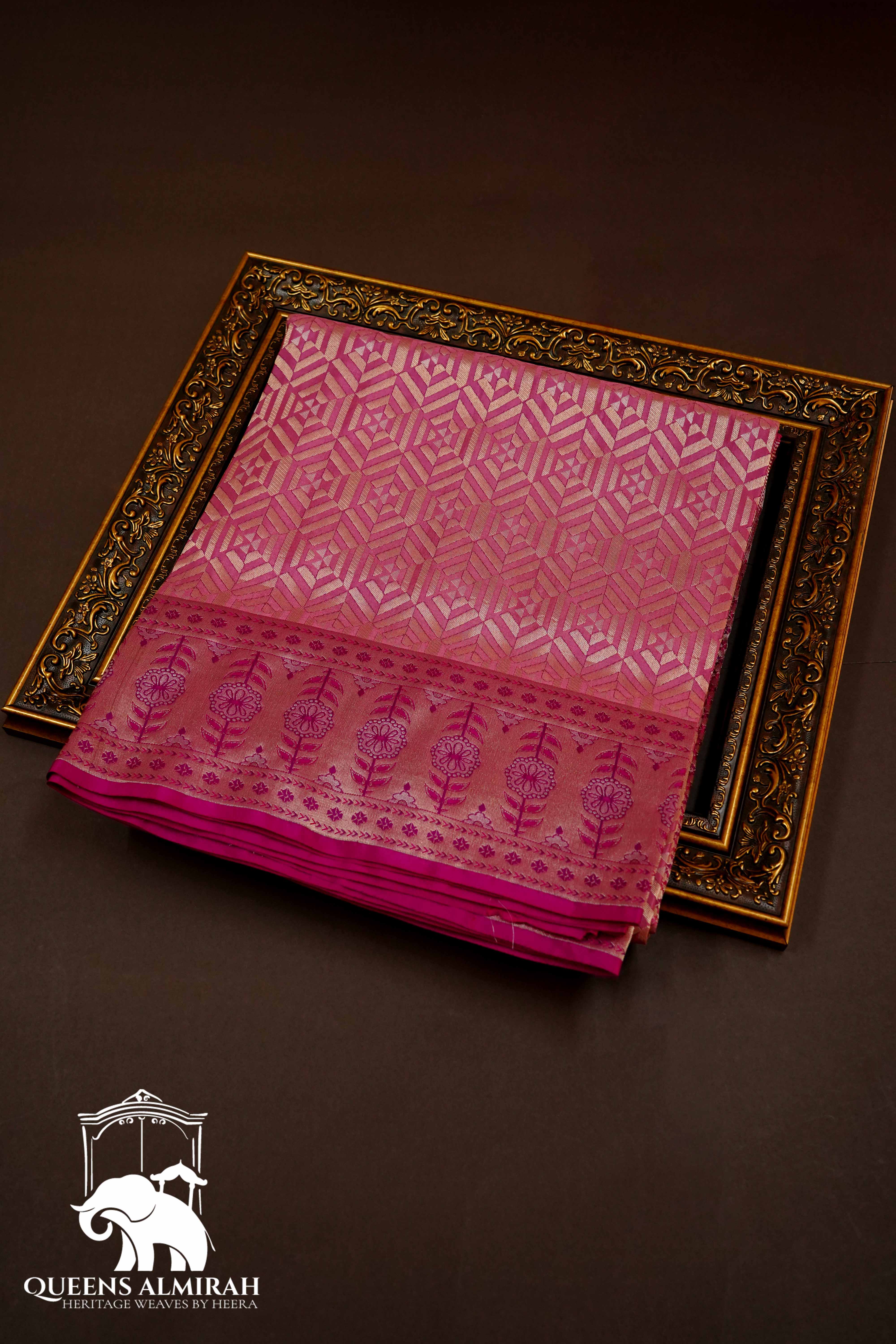 RASPBERRY PINK WITH WOVEN BORDER BANARASI SILK SAREE - Queens Jewel Emporium