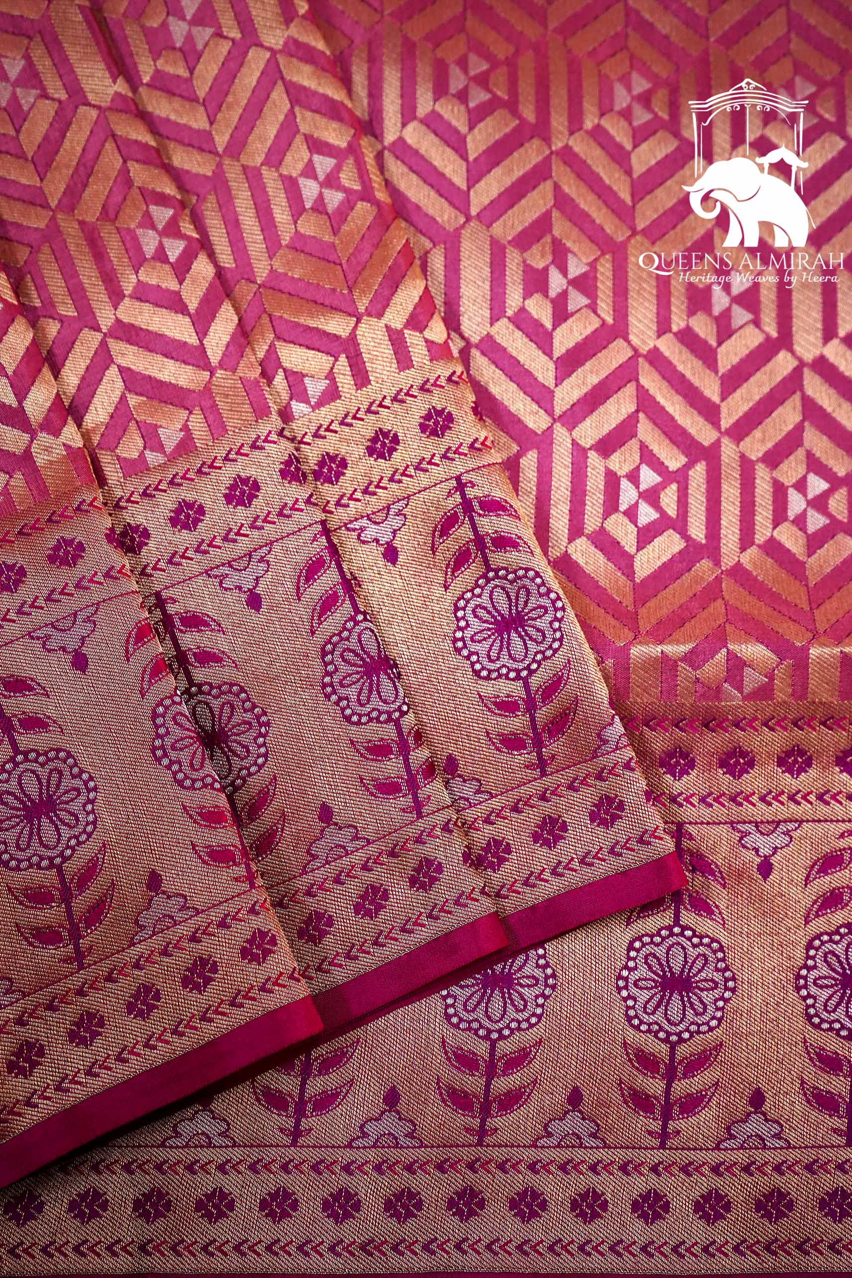 RASPBERRY PINK WITH WOVEN BORDER BANARASI SILK SAREE - Queens Jewel Emporium