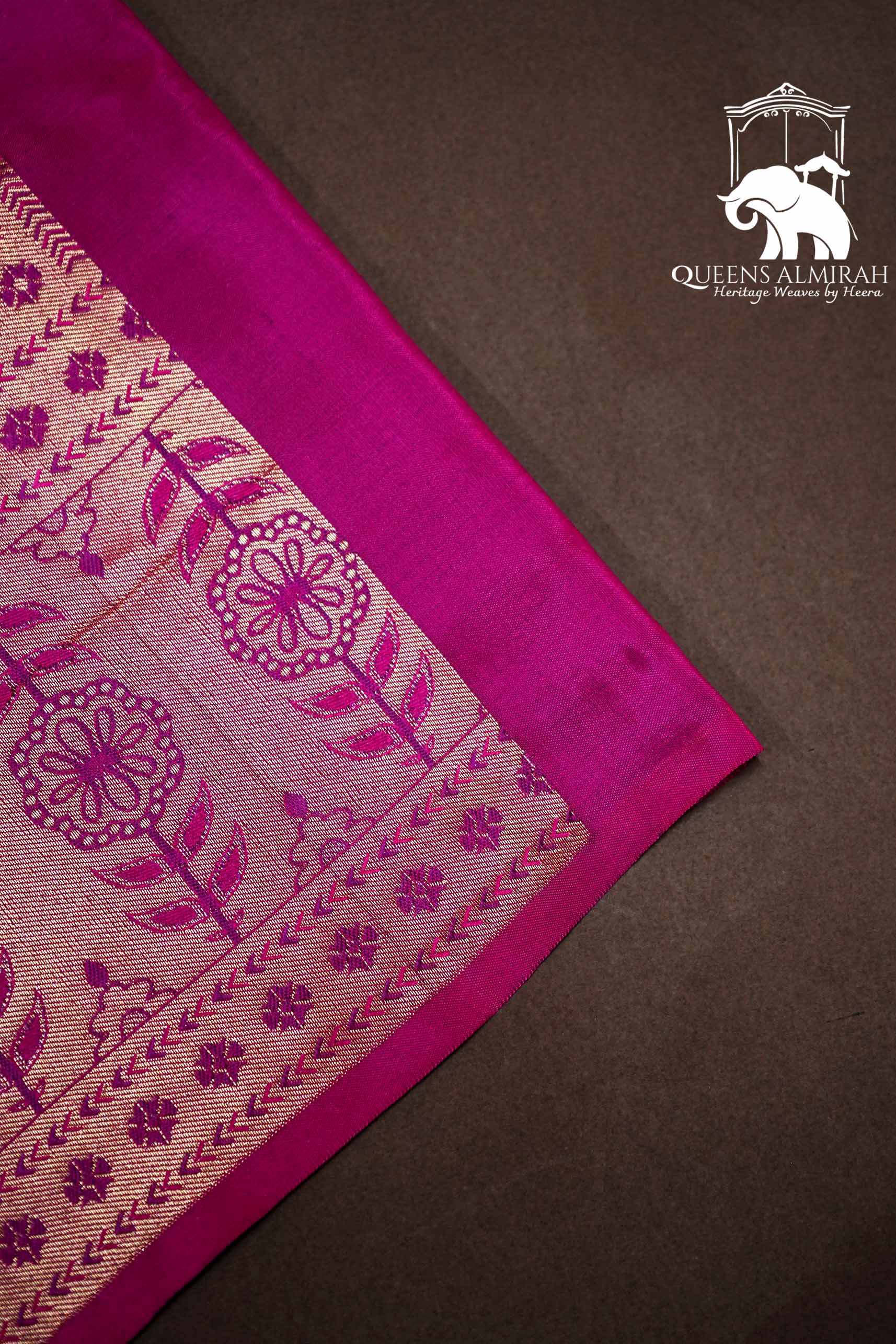 RASPBERRY PINK WITH WOVEN BORDER BANARASI SILK SAREE - Queens Jewel Emporium