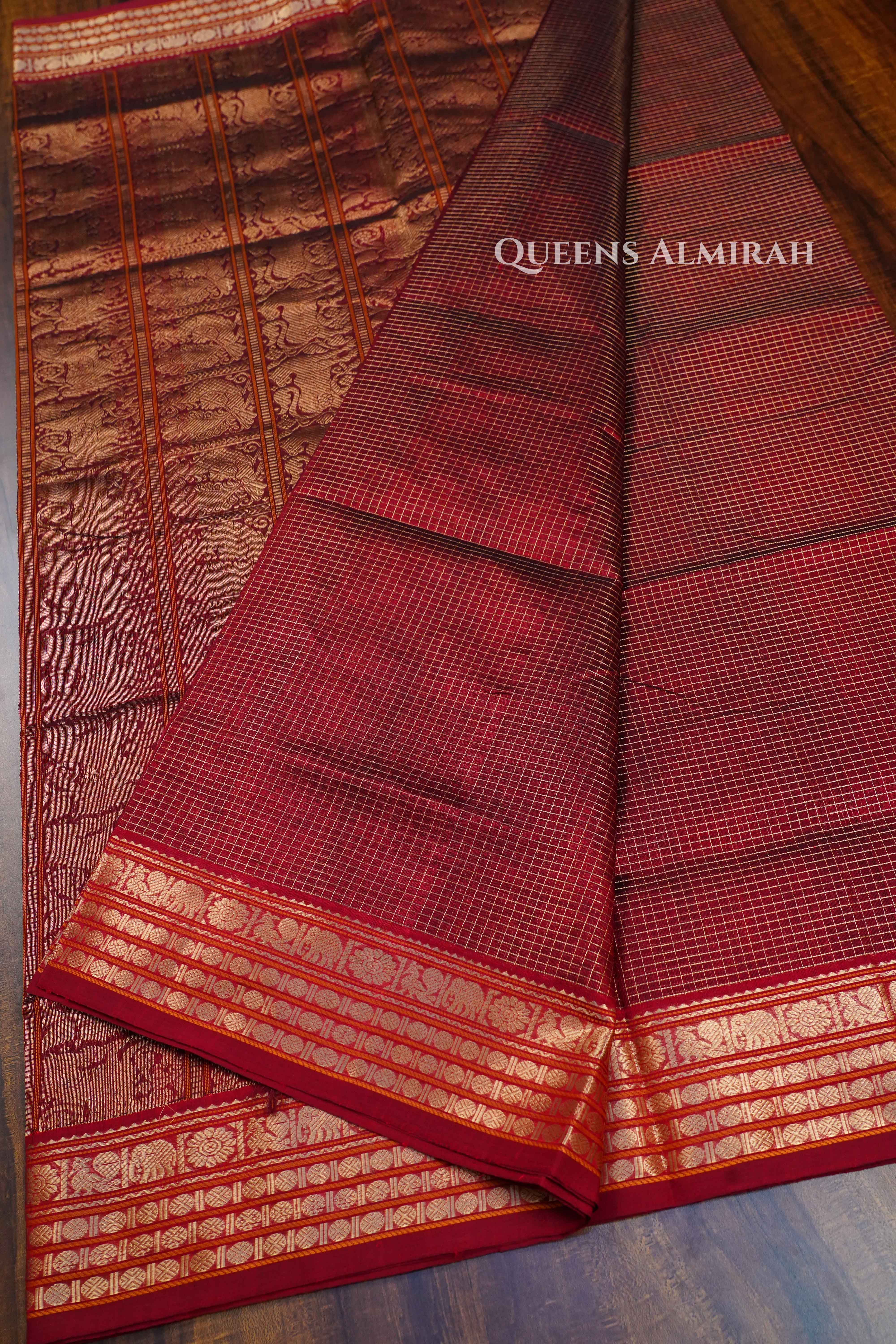 Red Brown-Karaikudi Chettinad Silk Cotton Saree QUEENS ALMIRAH