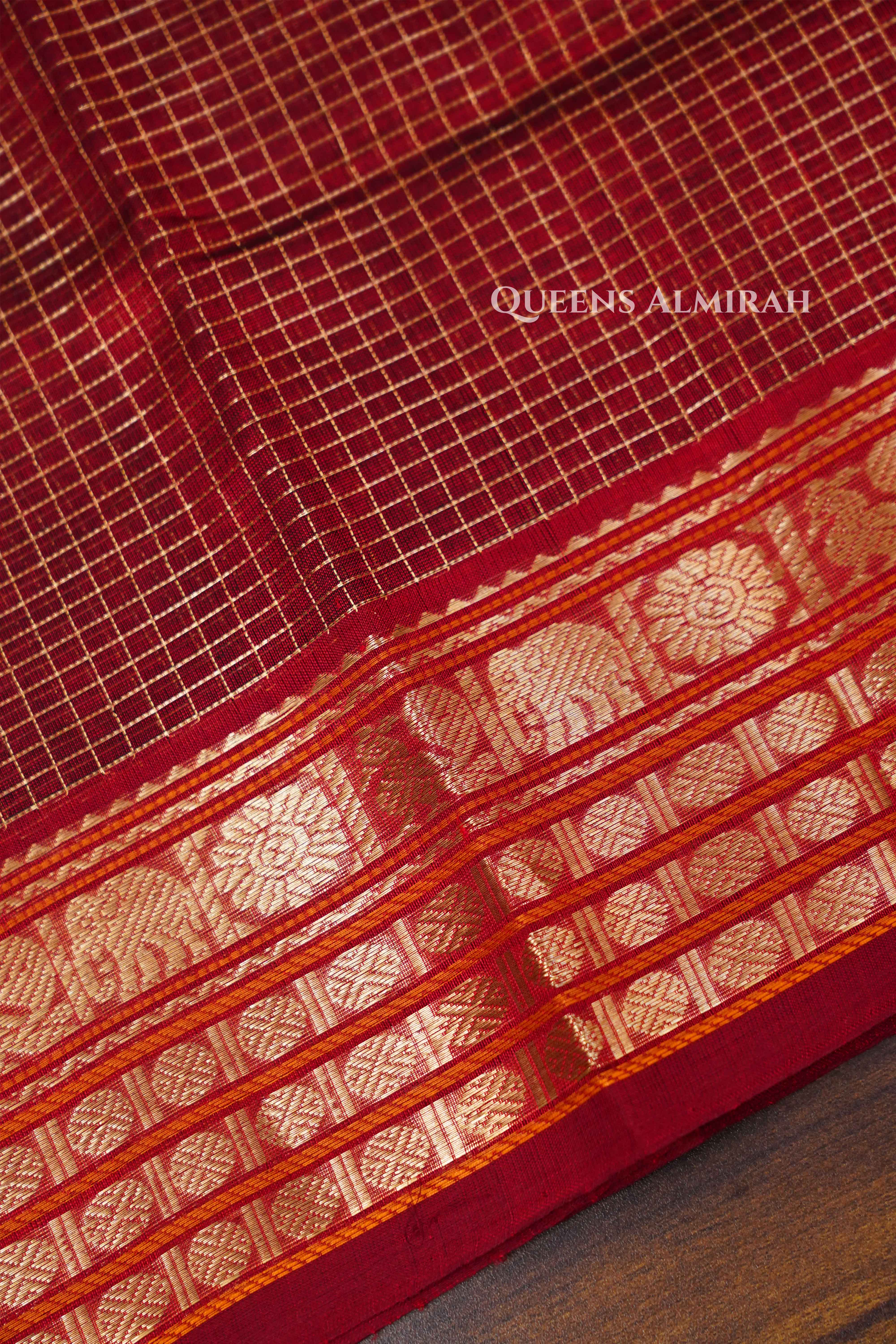 Red Brown-Karaikudi Chettinad Silk Cotton Saree QUEENS ALMIRAH
