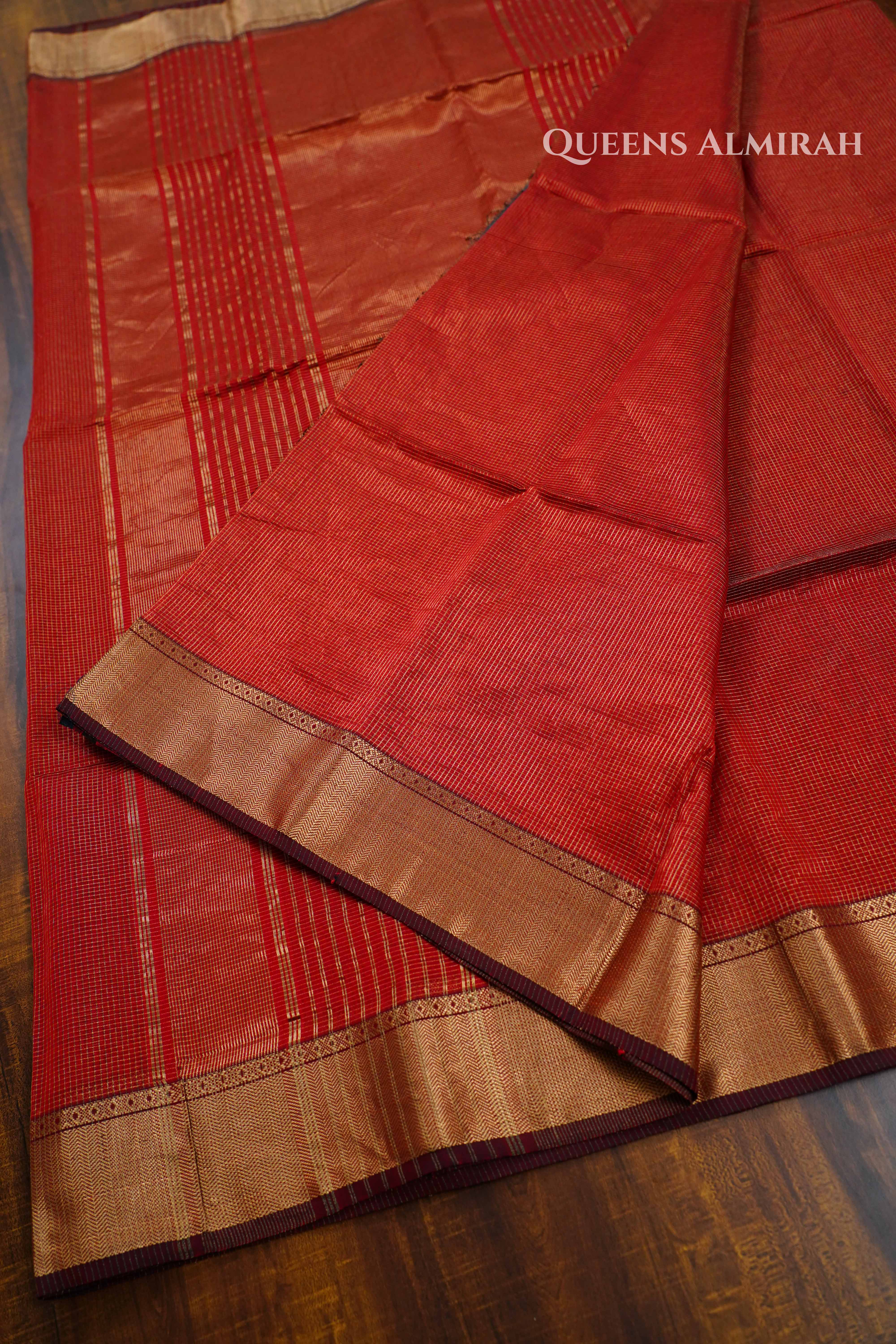 Red Brown Maheshwari Silk Cotton Saree QUEENS ALMIRAH