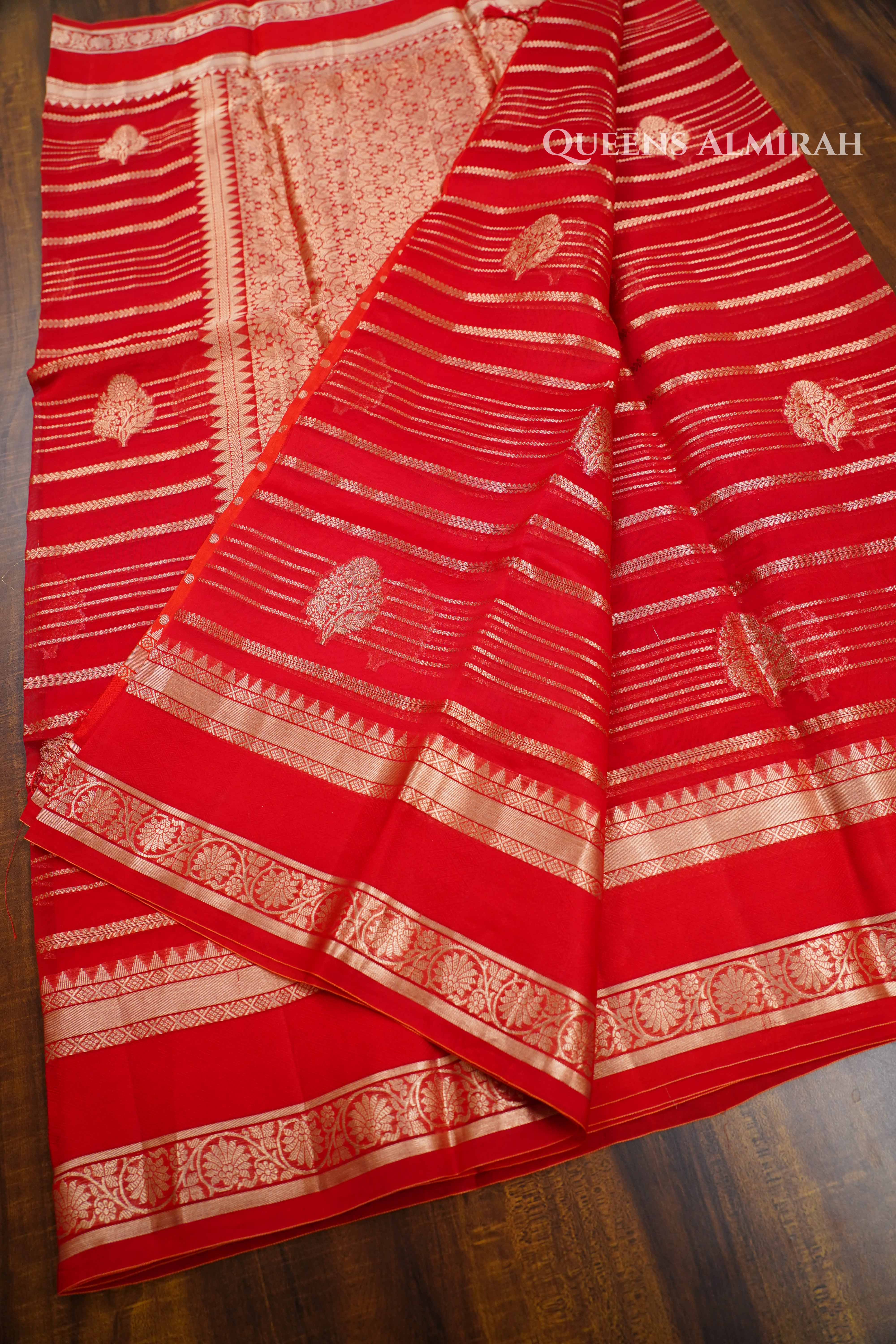 Red Kora Organza saree QUEENS ALMIRAH
