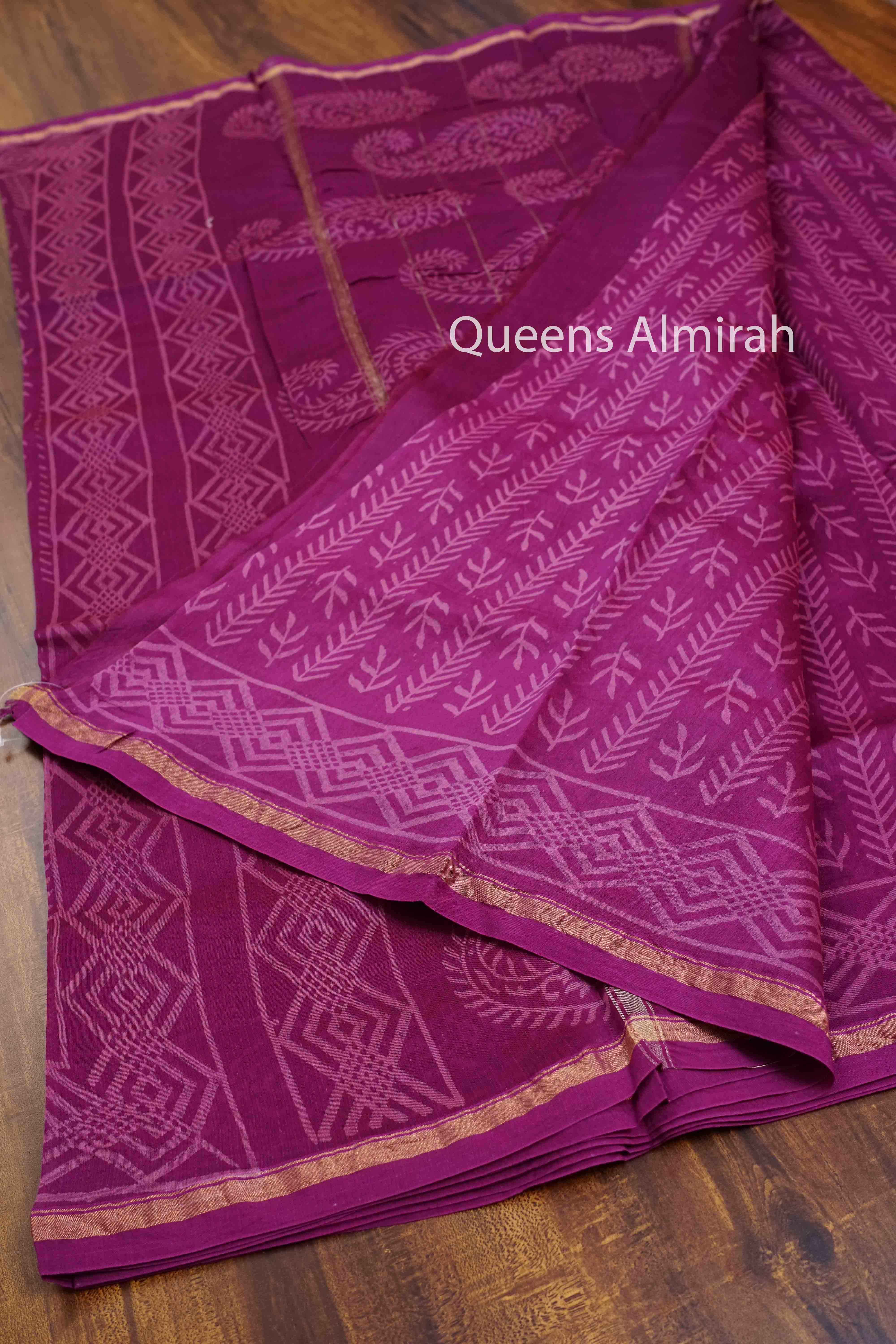 RED PURPLE HAND BLOCKED CHANDERI SILK COTTON SAREE - Queens Jewel Emporium