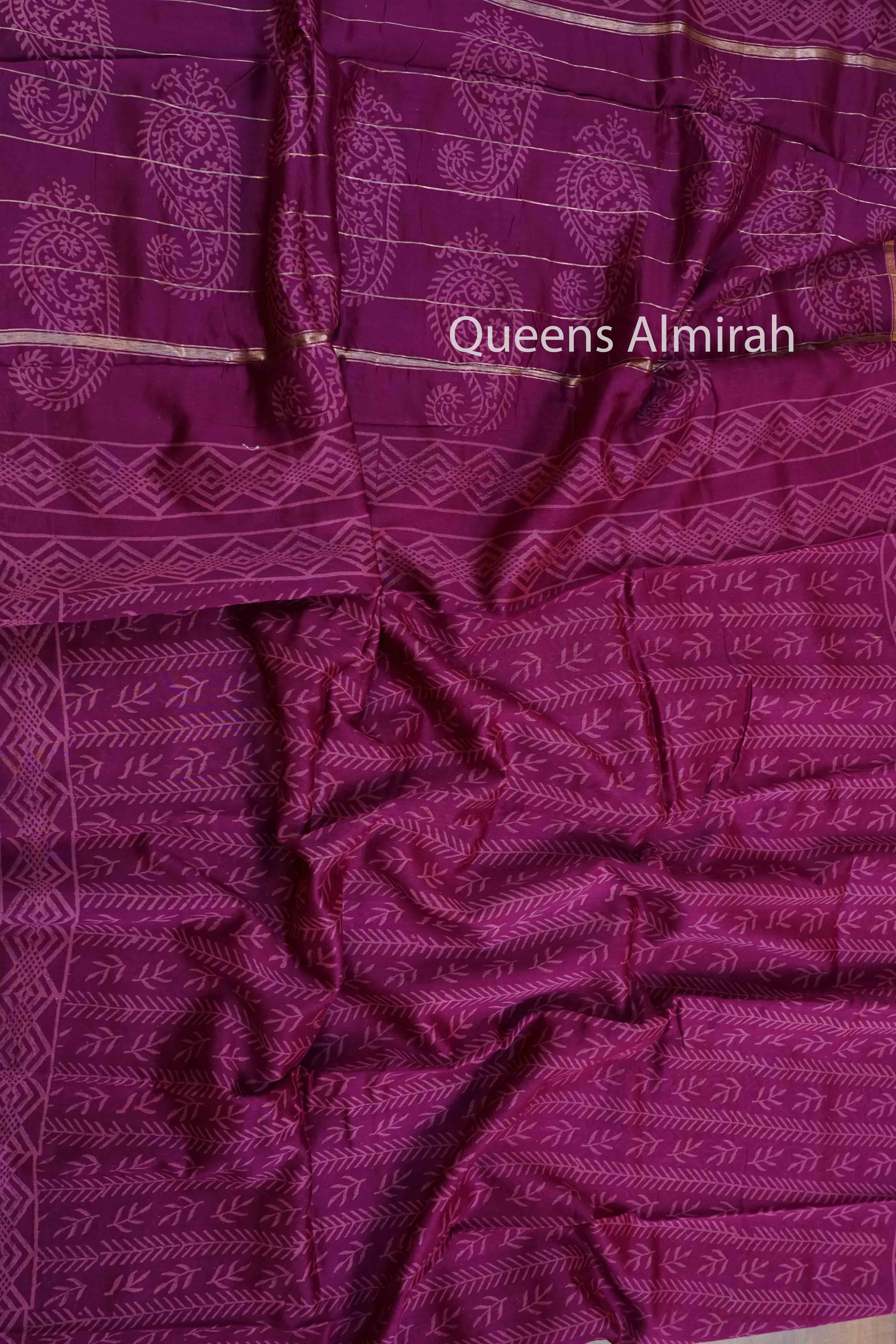RED PURPLE HAND BLOCKED CHANDERI SILK COTTON SAREE - Queens Jewel Emporium