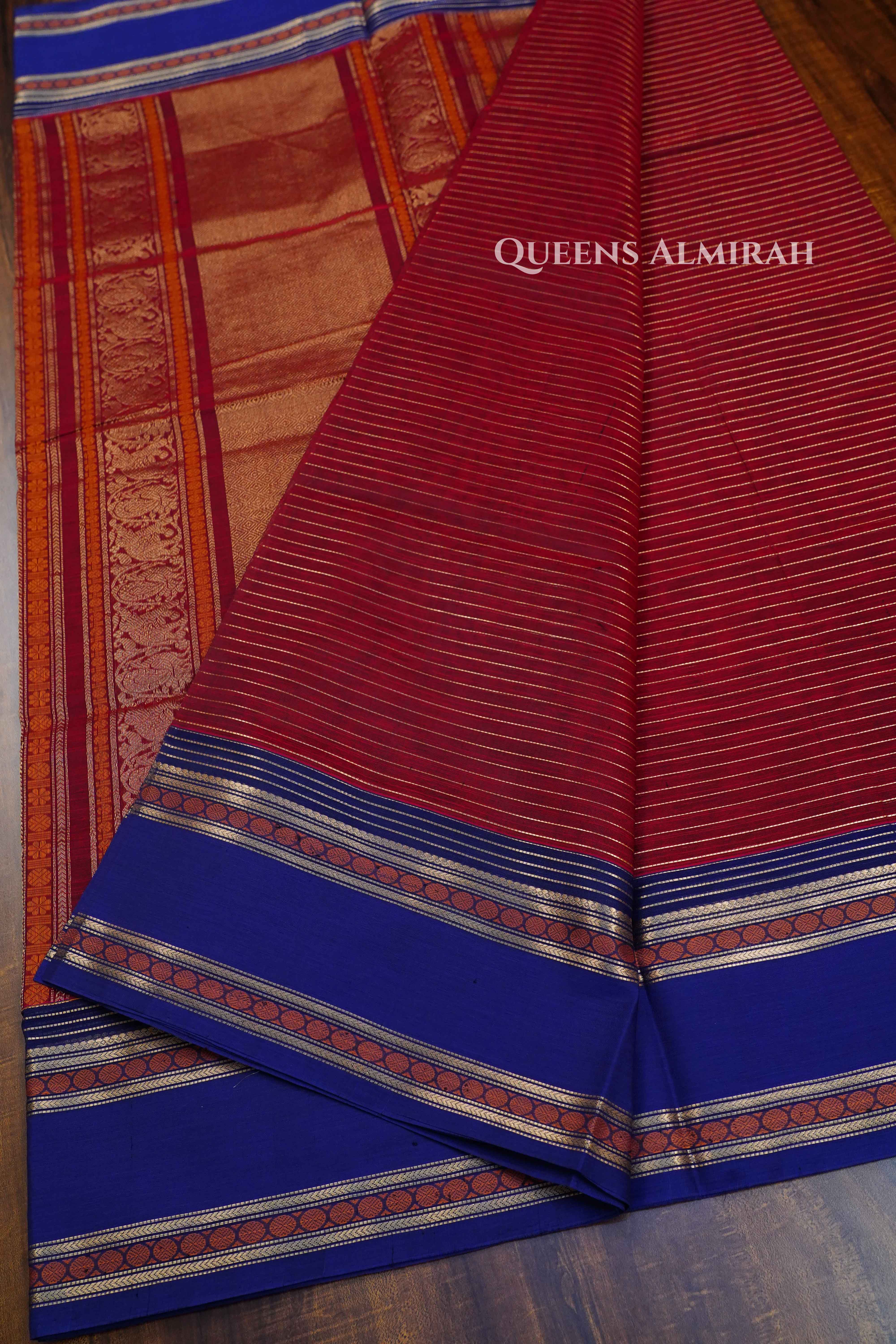 Red Wine-Karaikudi Chettinad Silk Cotton Saree QUEENS ALMIRAH