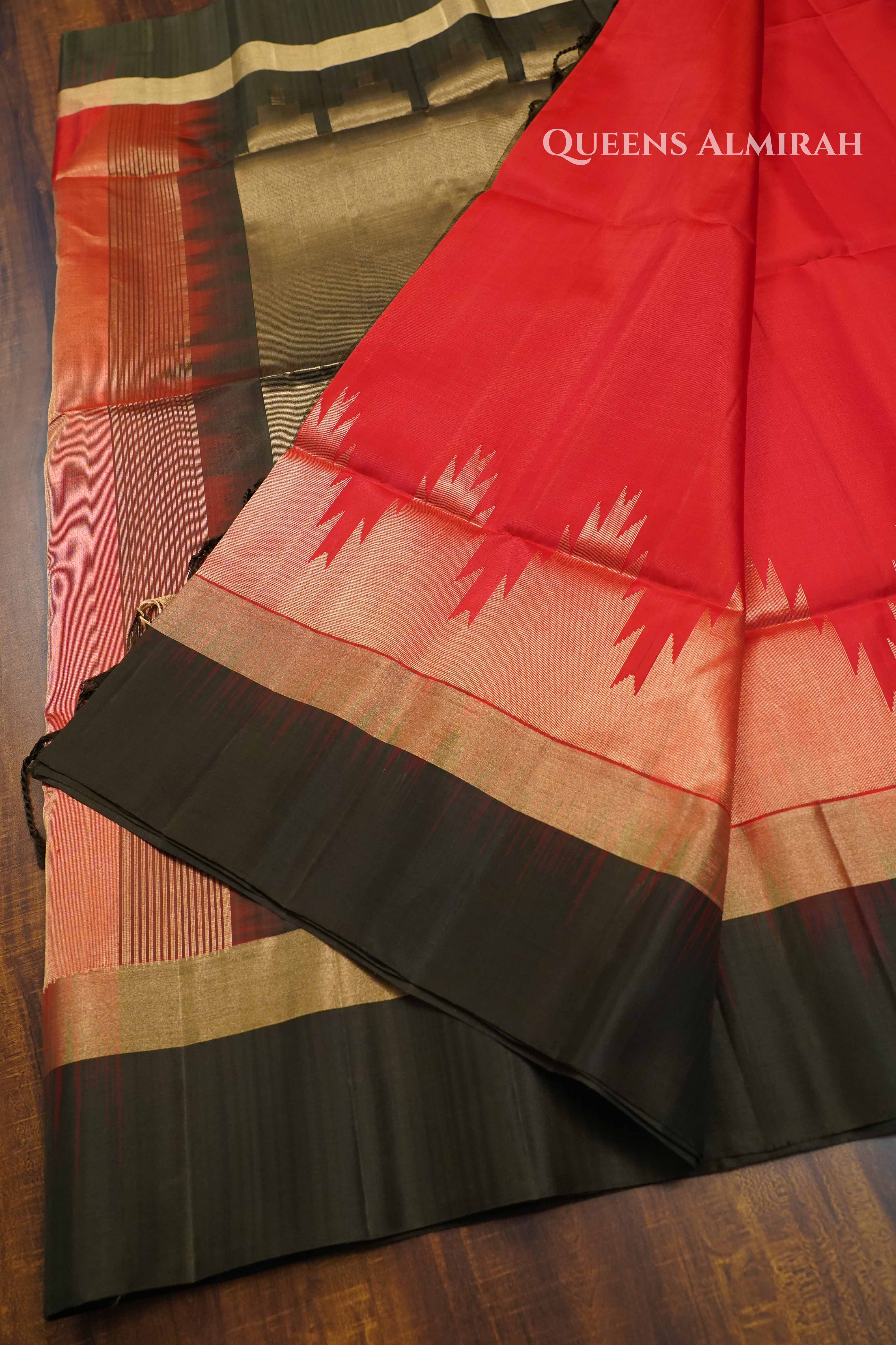 Red With Black Pure Soft Silk Saree QUEENS ALMIRAH