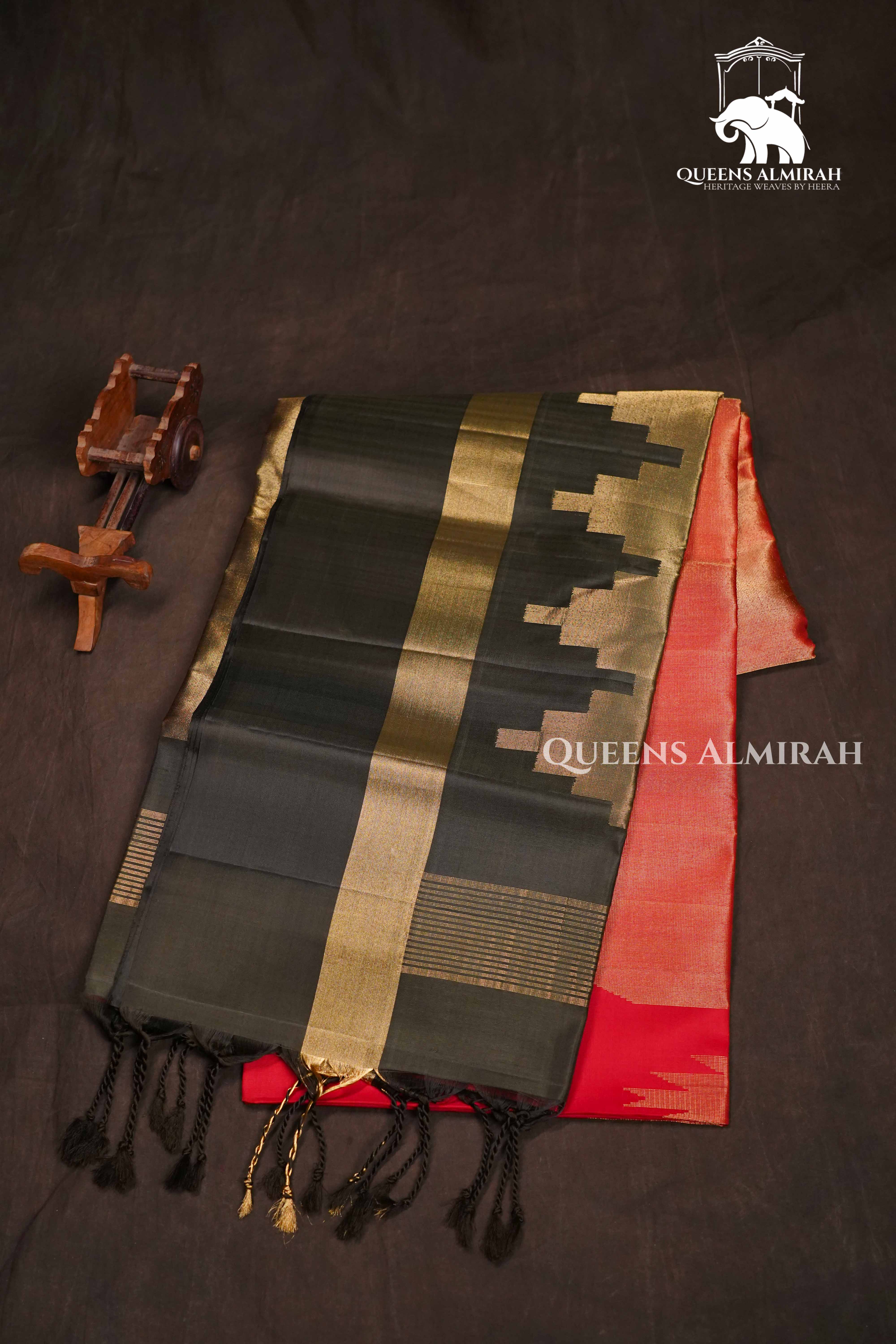 Red With Black Pure Soft Silk Saree QUEENS ALMIRAH