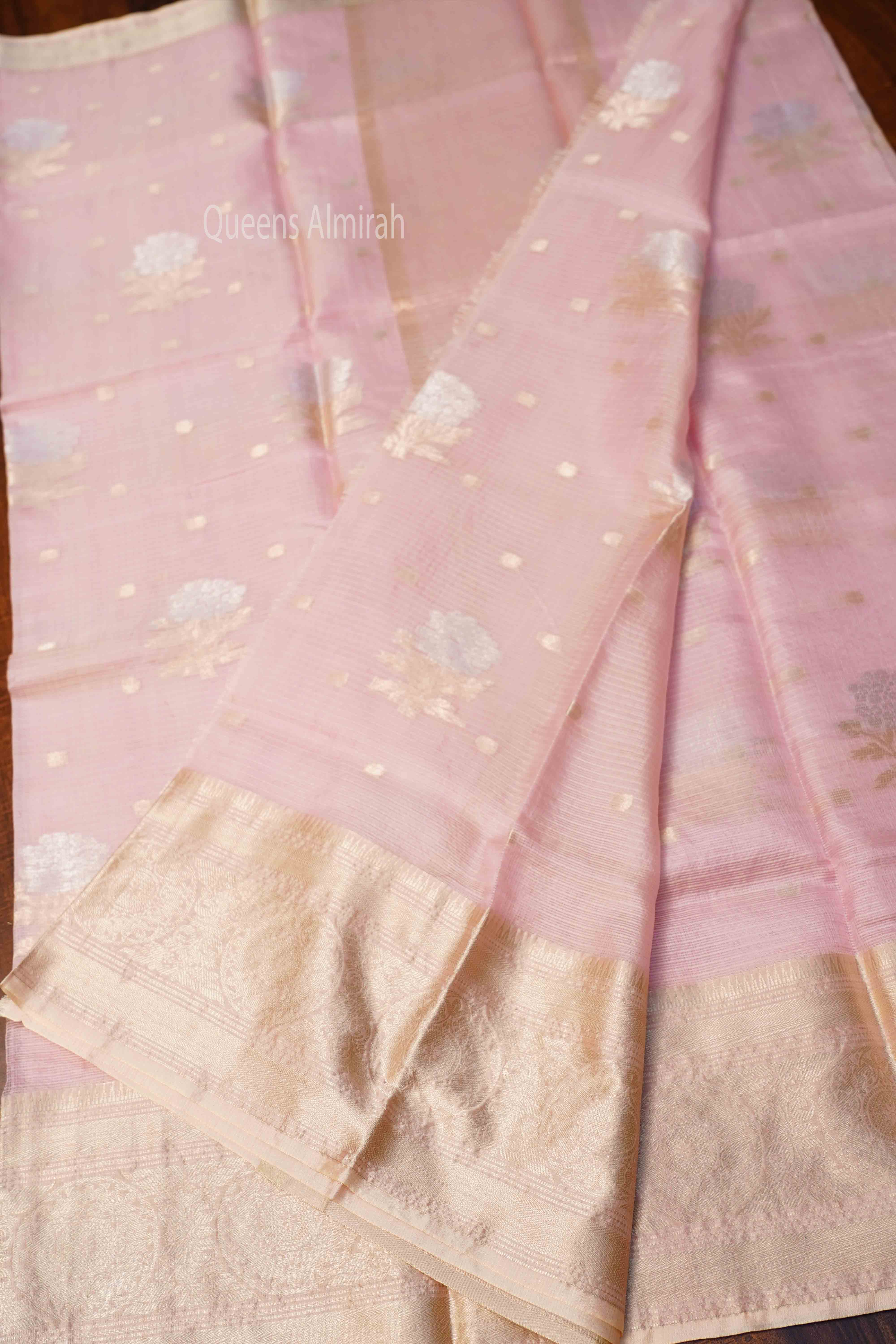 ROSE MILK PINK PURE KOTA SILK SAREE - Queens Jewel Emporium