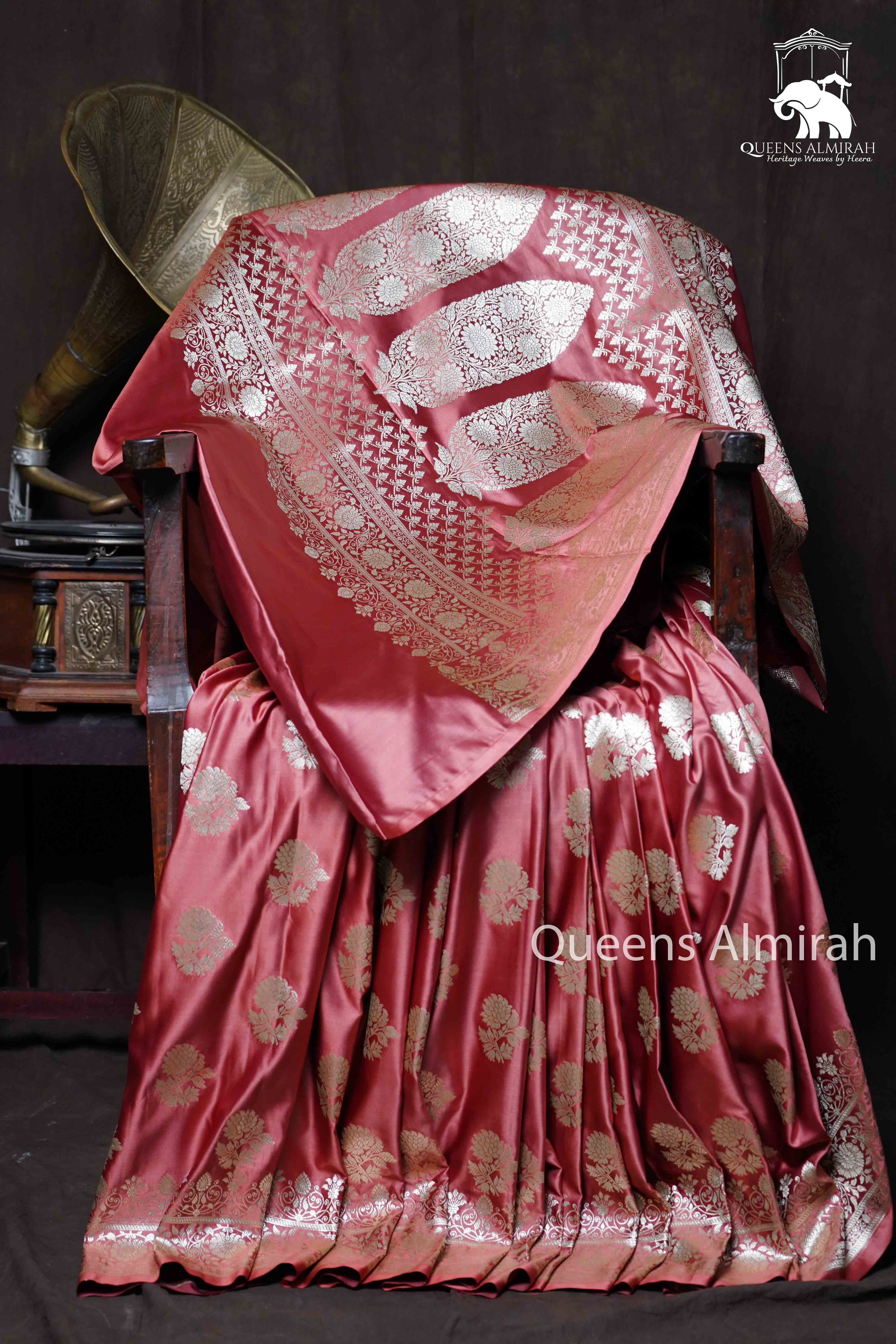Rose Vale Mushru Banarasi Silk Saree - Queens Jewel Emporium