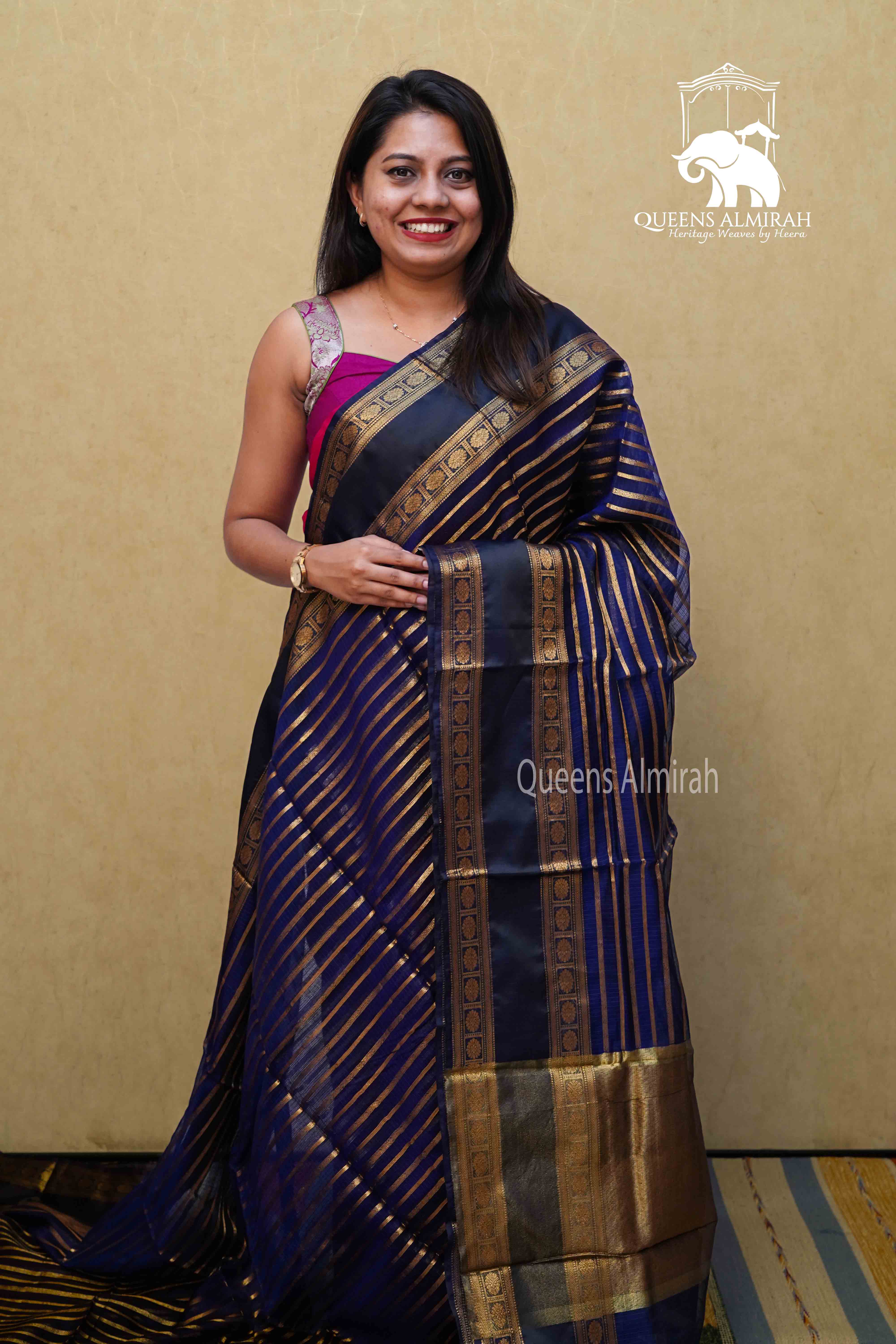 ROYAL PURPLE WITH WOVEN BORDER KOTA SILK SAREE - Queens Jewel Emporium