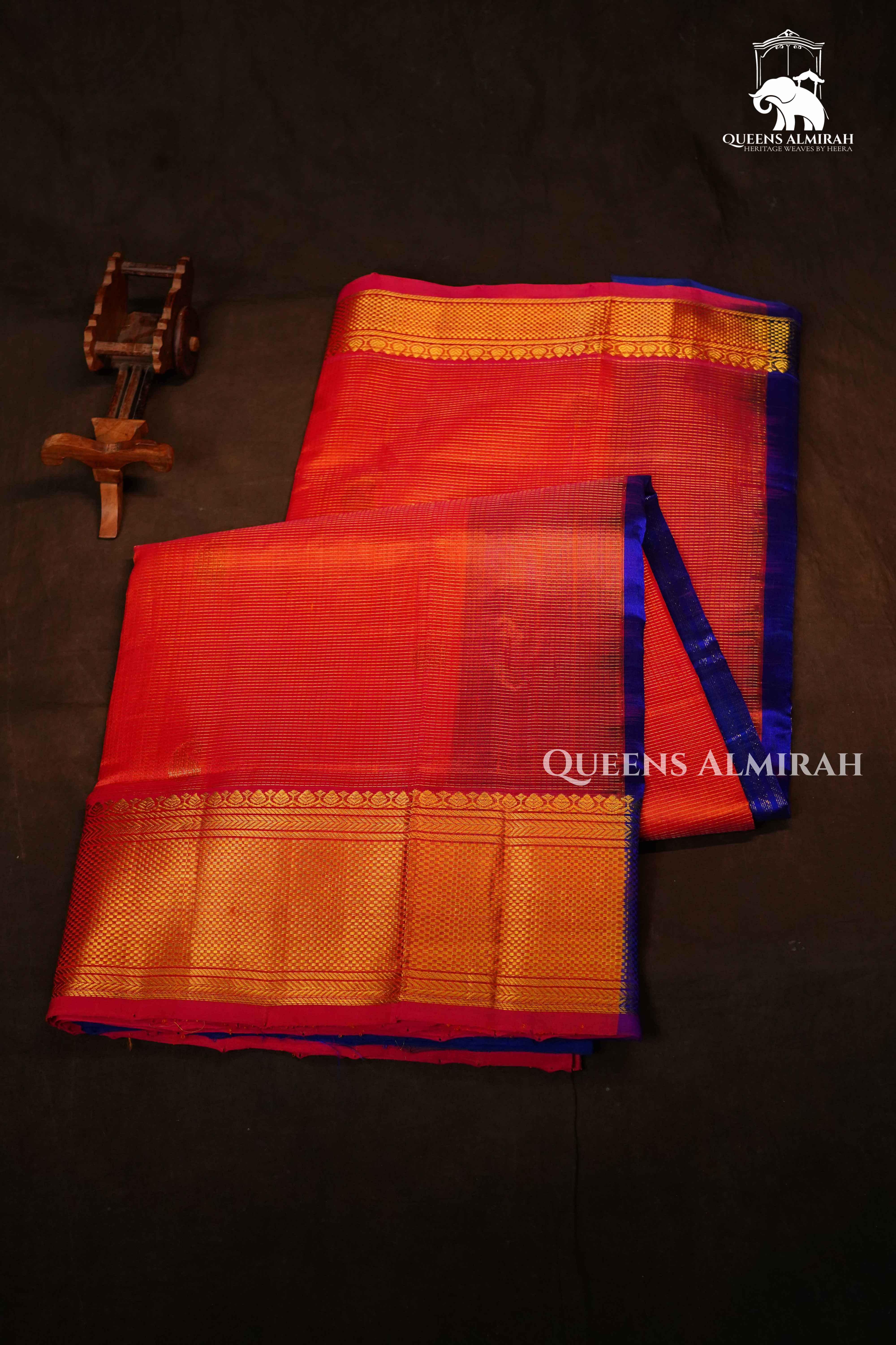 Rust Orange With Royal Blue Karaikudi Chettinad Vaira Oosi Saree QUEENS ALMIRAH