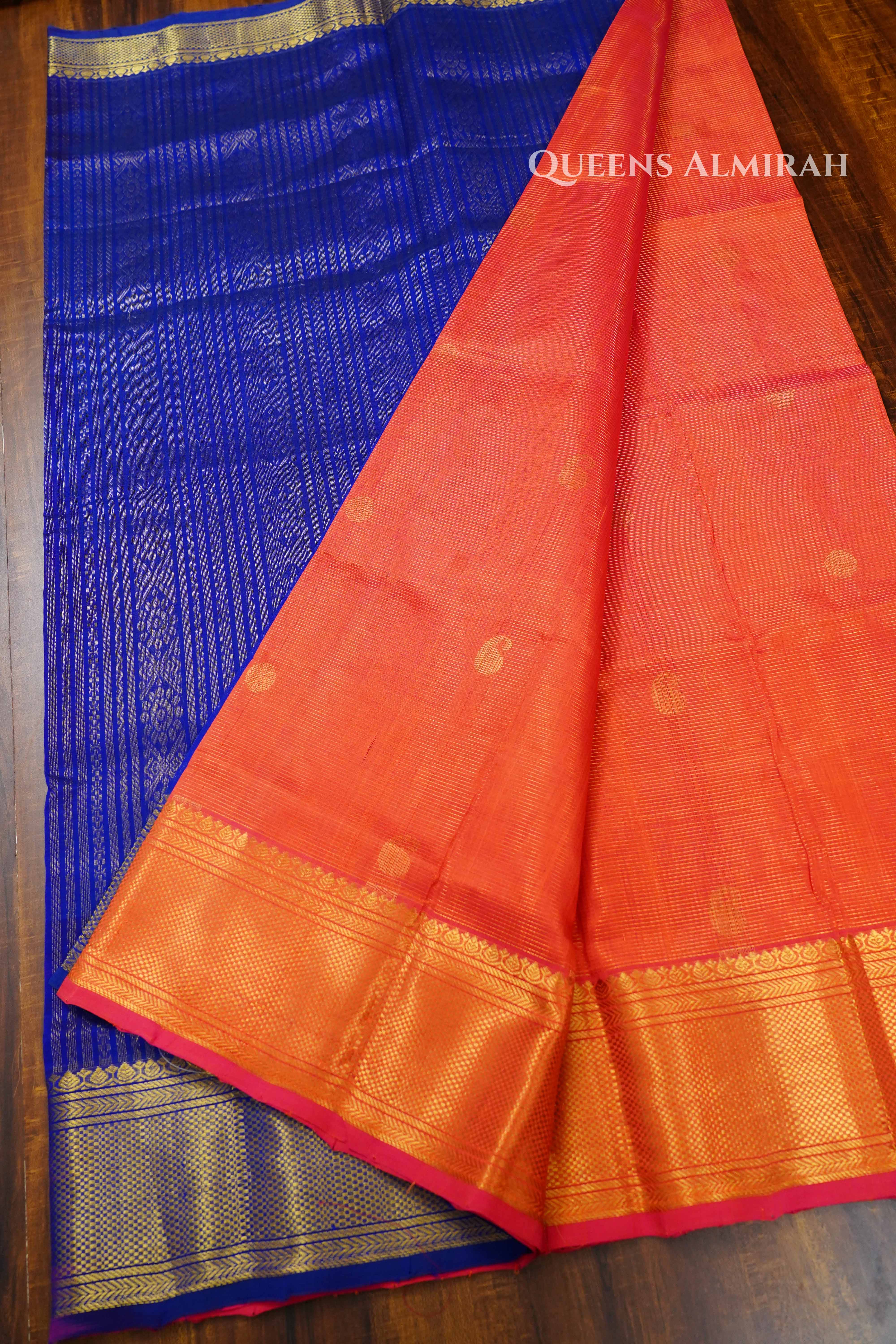 Rust Orange With Royal Blue Karaikudi Chettinad Vaira Oosi Saree QUEENS ALMIRAH