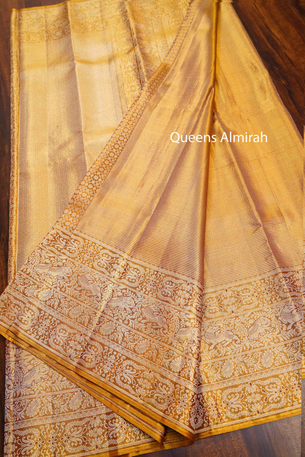 GOLDEN COLOR  PURE KANCHIVARAM SILK SAREE - Queens Jewel Emporium