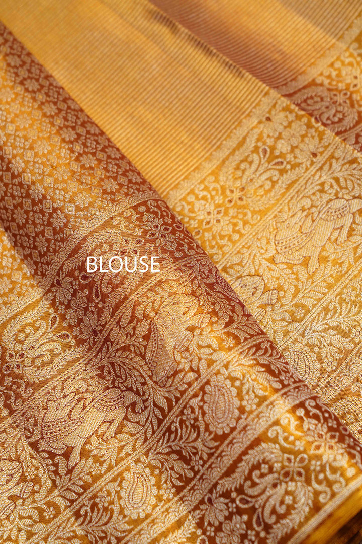 GOLDEN COLOR  PURE KANCHIVARAM SILK SAREE - Queens Jewel Emporium