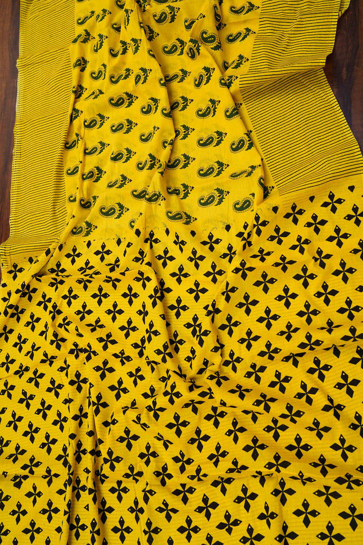 MANGO YELLOW MULMUL COTTON SAREE - Queens Jewel Emporium