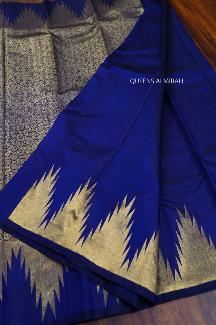 DARK ROYAL BLUE PURE KANCHIVARAM SILK SAREE - Queens Jewel Emporium