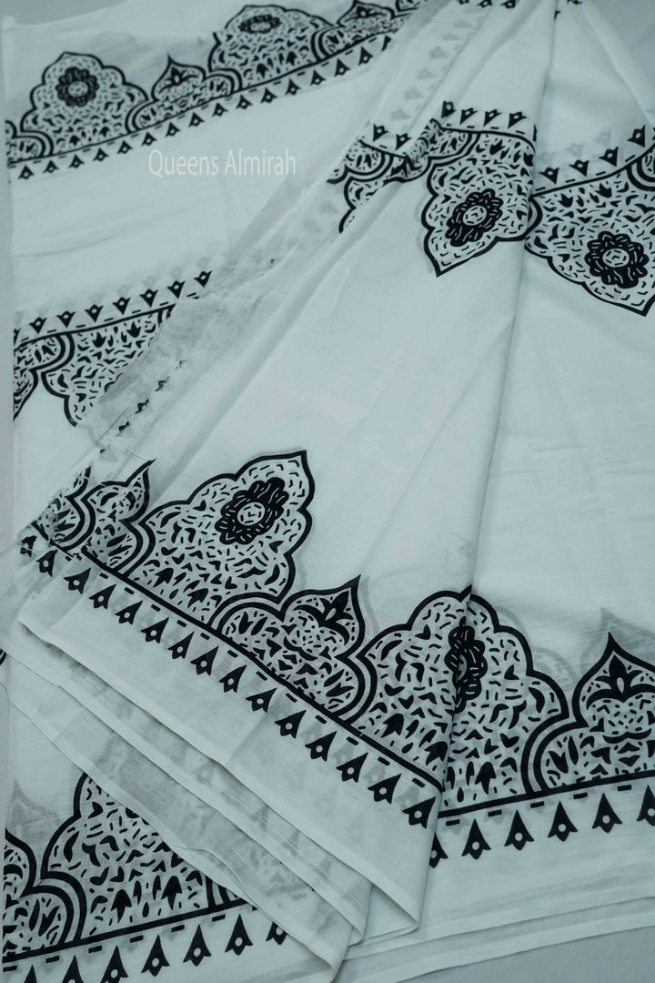 WHITE MULMUL COTTON SAREE  1 - Queens Jewel Emporium
