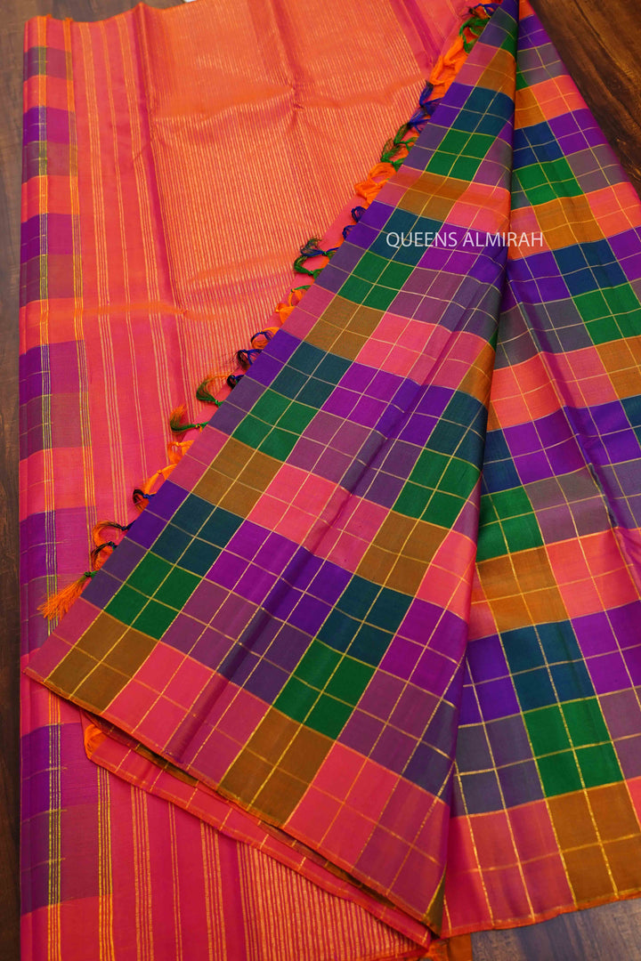 MULTI COLOR PAALUM PAZHAMUM KATTAM PURE KANCHIVARAM SILK SAREE - Queens Jewel Emporium
