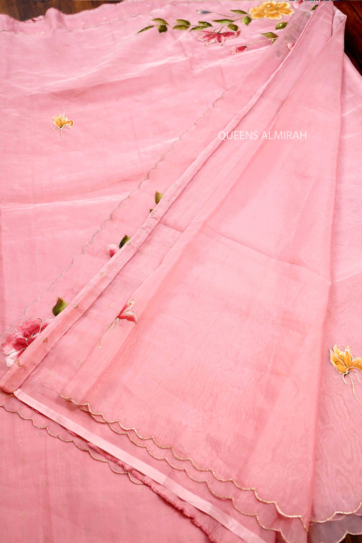 BABY PINK SILK ORGANZA SAREE - Queens Jewel Emporium