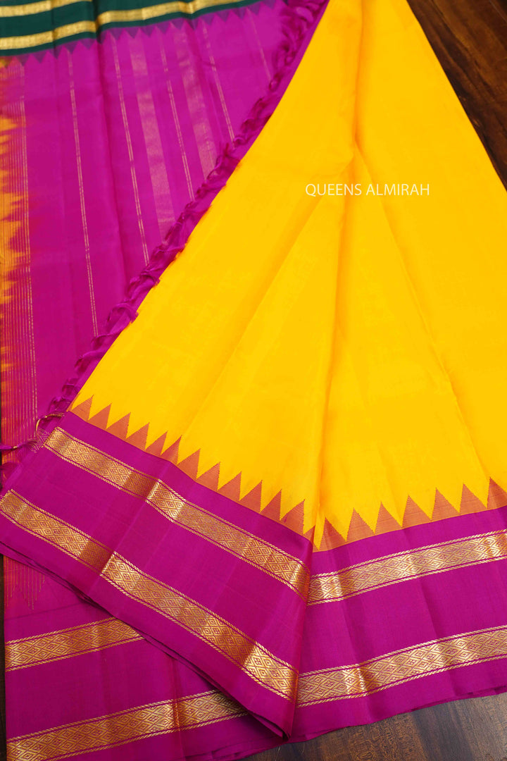 MANGO YELLOW WITH BOTTLE GREEN AND MAGENTA PURE KANCHIVARAM SILK SAREE - Queens Jewel Emporium