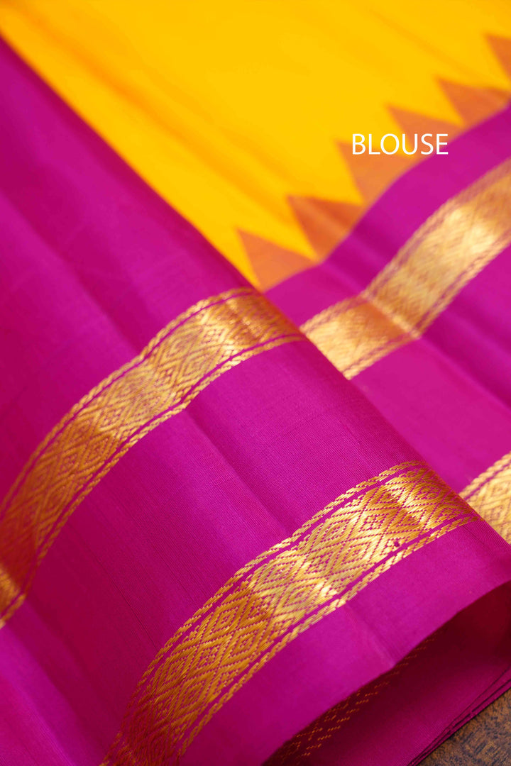 MANGO YELLOW WITH BOTTLE GREEN AND MAGENTA PURE KANCHIVARAM SILK SAREE - Queens Jewel Emporium