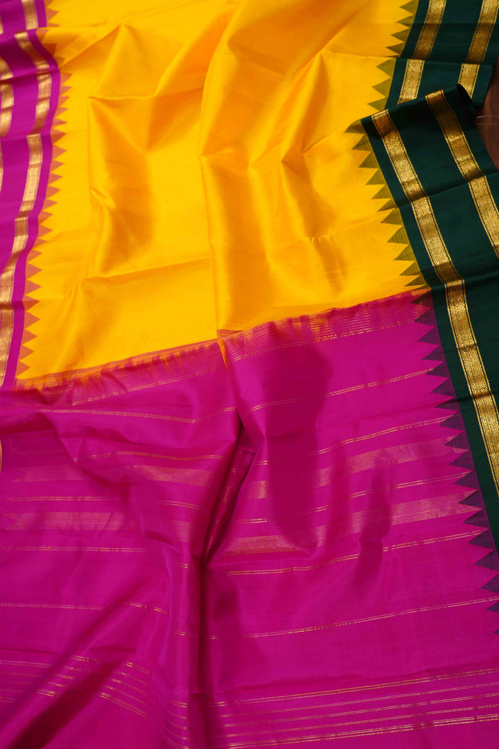 MANGO YELLOW WITH BOTTLE GREEN AND MAGENTA PURE KANCHIVARAM SILK SAREE - Queens Jewel Emporium