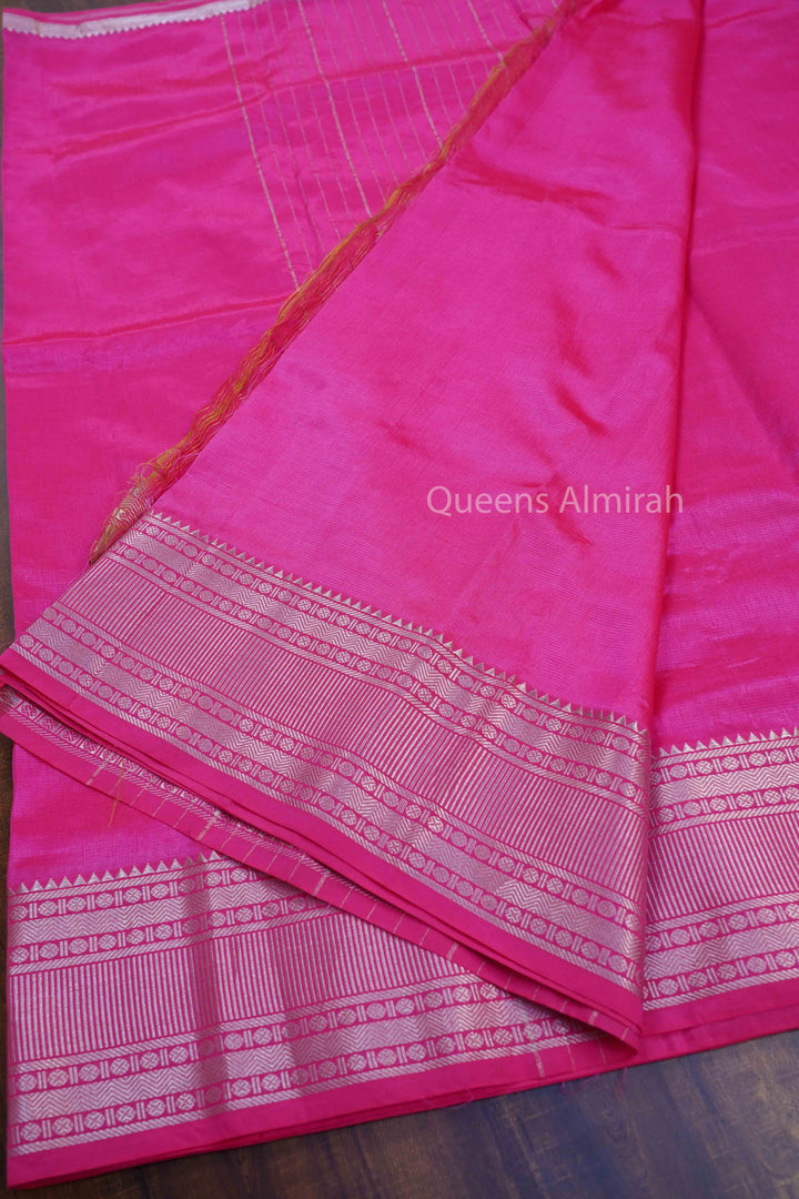 RASPERRY PINK  WITH WOVEN BORDER MANGALGIRI SAREE - Queens Jewel Emporium