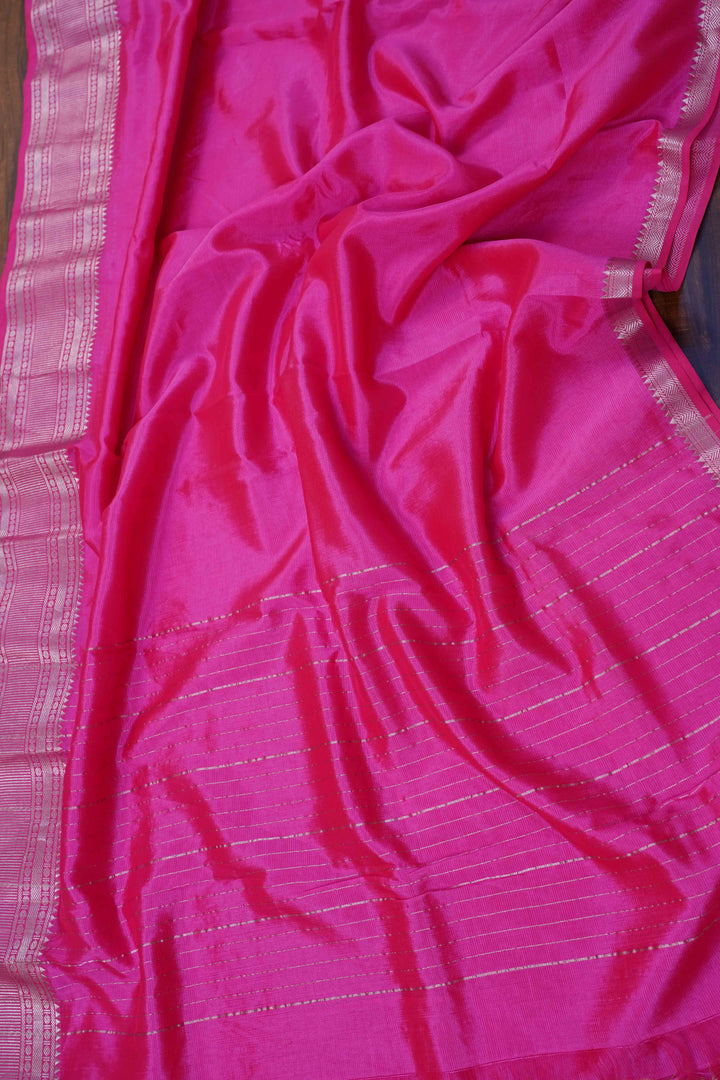 RASPERRY PINK  WITH WOVEN BORDER MANGALGIRI SAREE - Queens Jewel Emporium